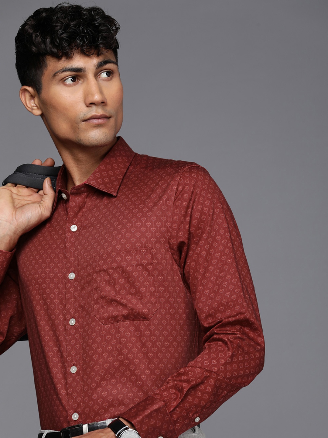 

Louis Philippe Slim Fit Ethnic Motifs Printed Pure Cotton Formal Shirt, Maroon