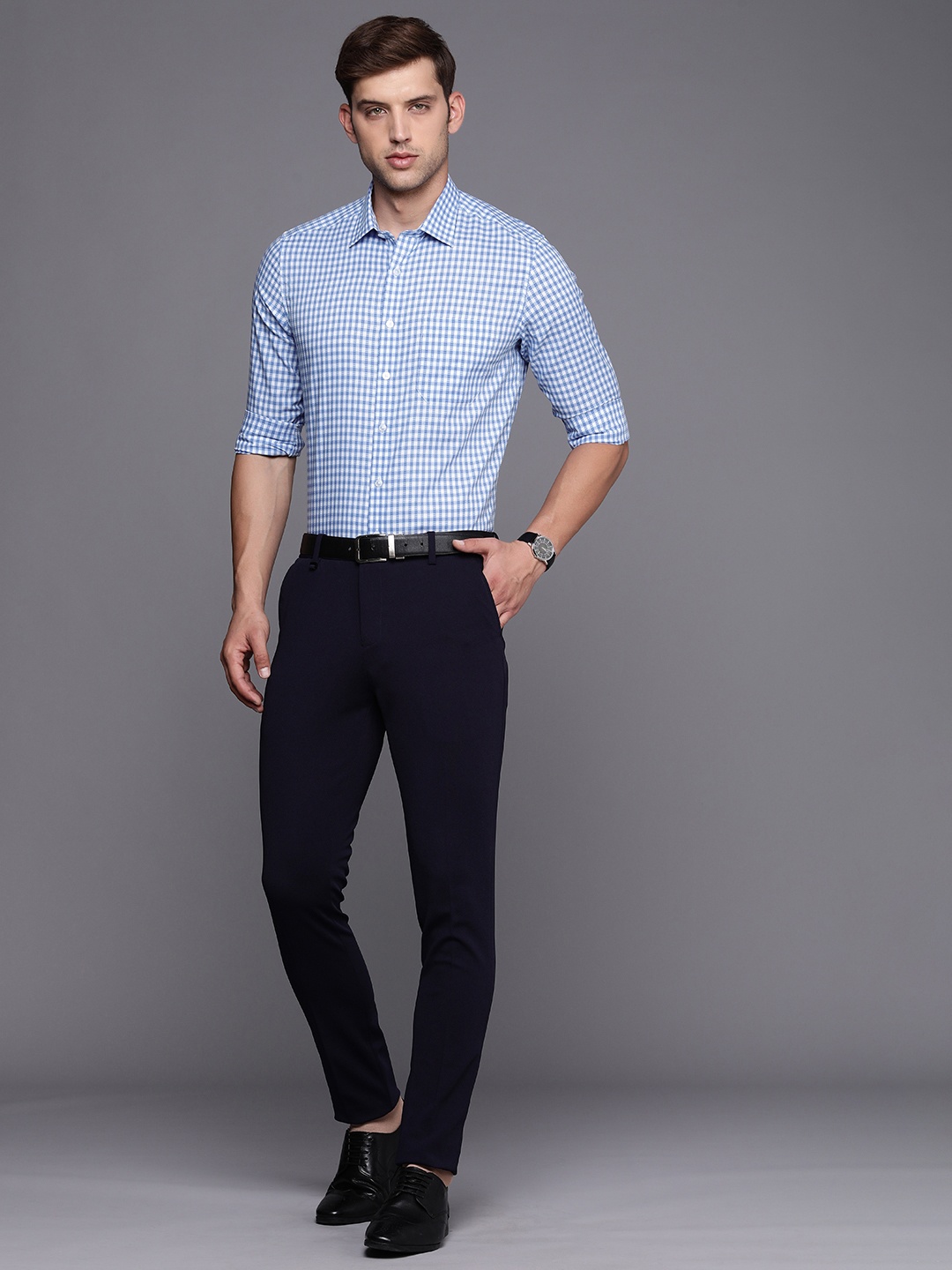 

Louis Philippe Pure Cotton Self Checked Slim Fit Opaque Formal Shirt, Blue