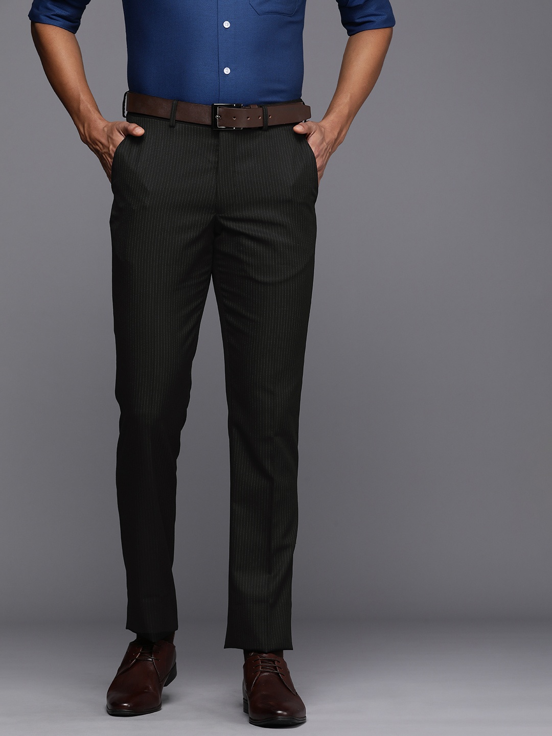 

Louis Philippe Men Striped Slim Fit Formal Trousers, Black