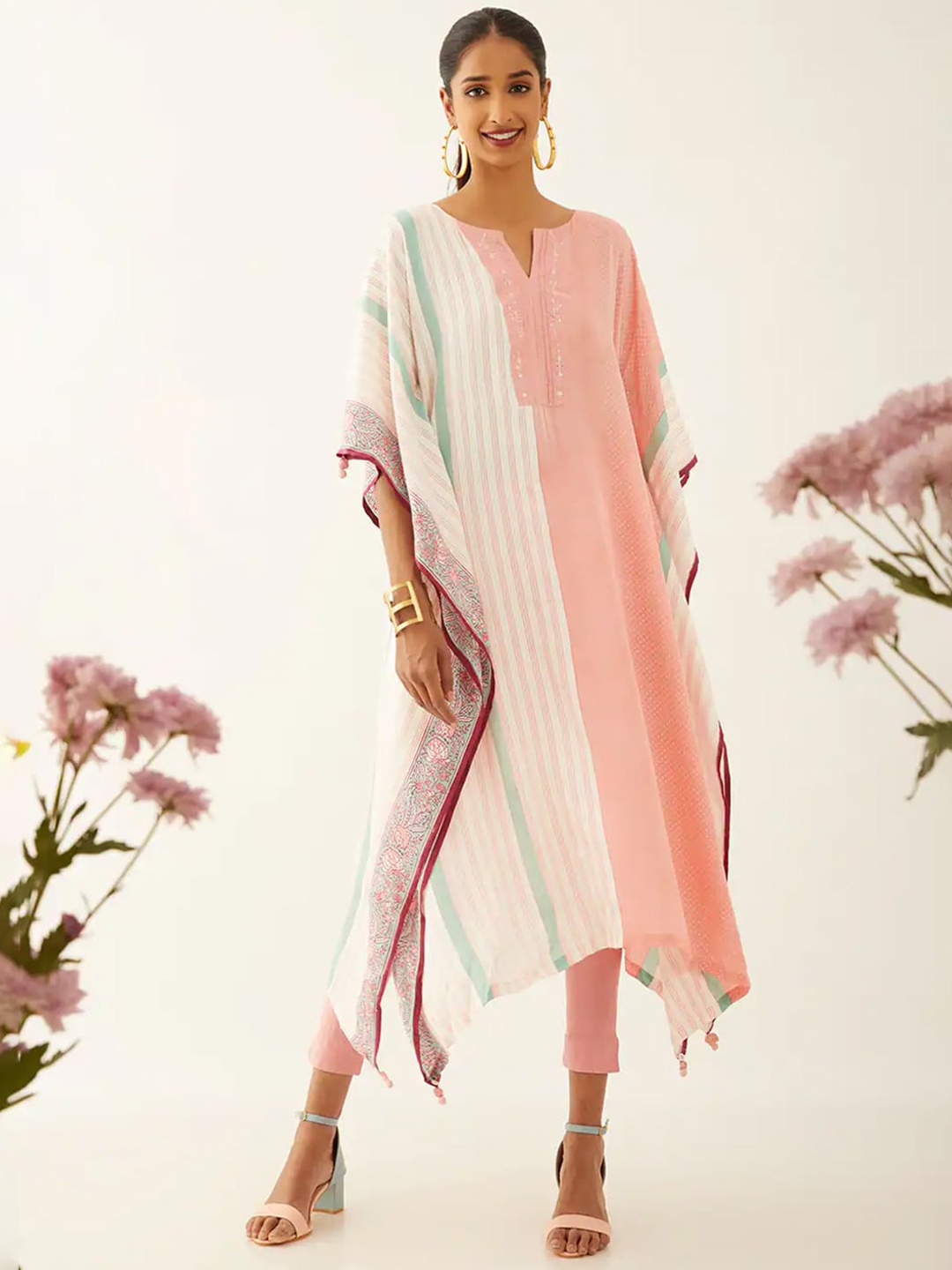 

Taneira Striped Beads & Stones Notched Neck Flared Sleeves Kaftan Kurta, Peach