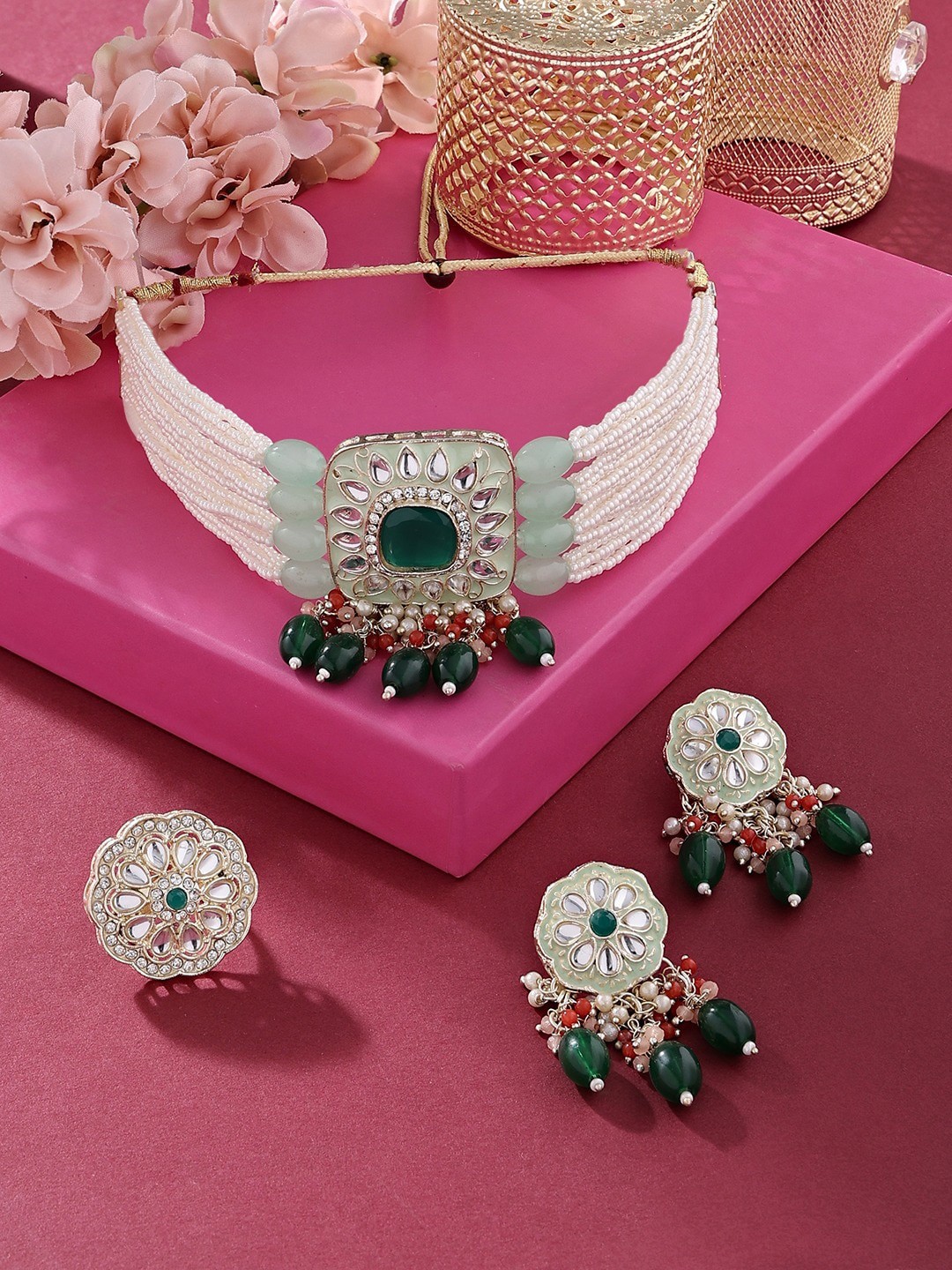 

Zaveri Pearls Gold-Plated Kundan Studded & Beaded Necklace & Earrings With Ring