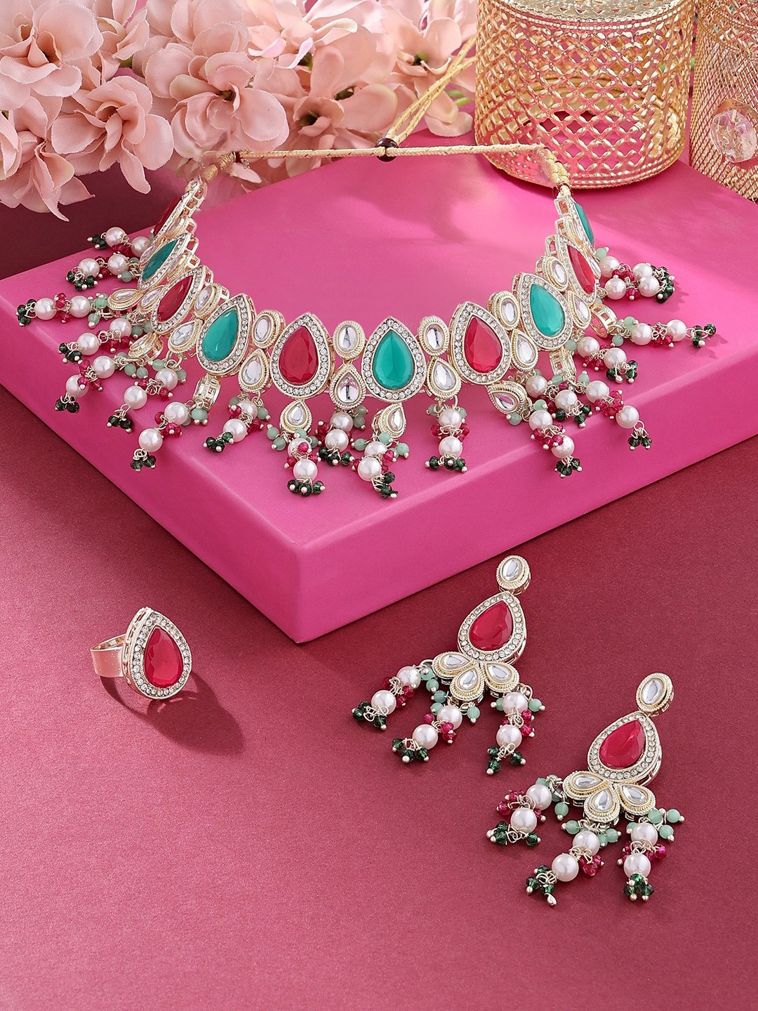 

Zaveri Pearls Gold-Plated Kundan-Studded Jewellery Set With Ring