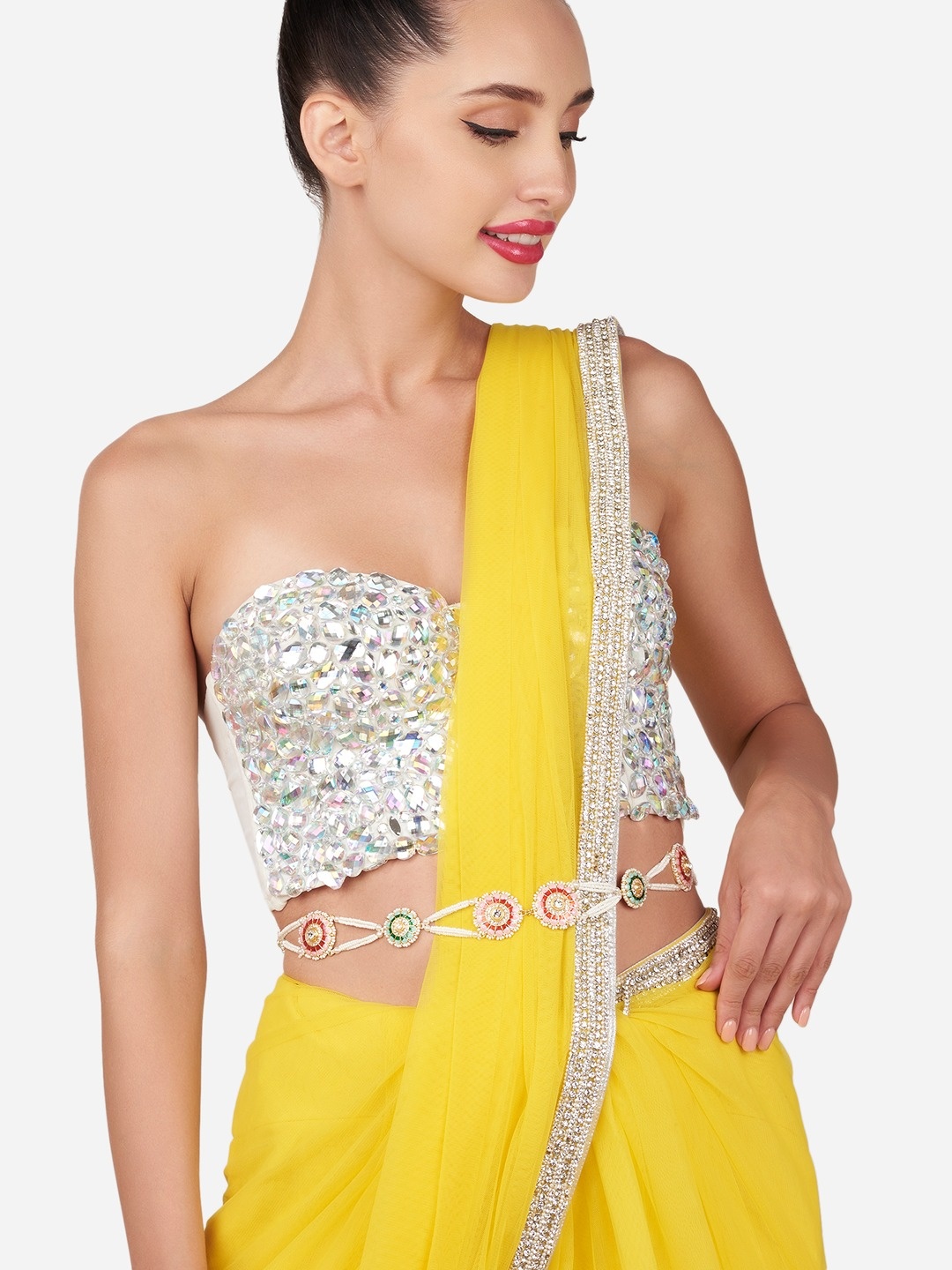 

Zaveri Pearls Austrian Diamond-Studded & Beaded Kamarbandh, White