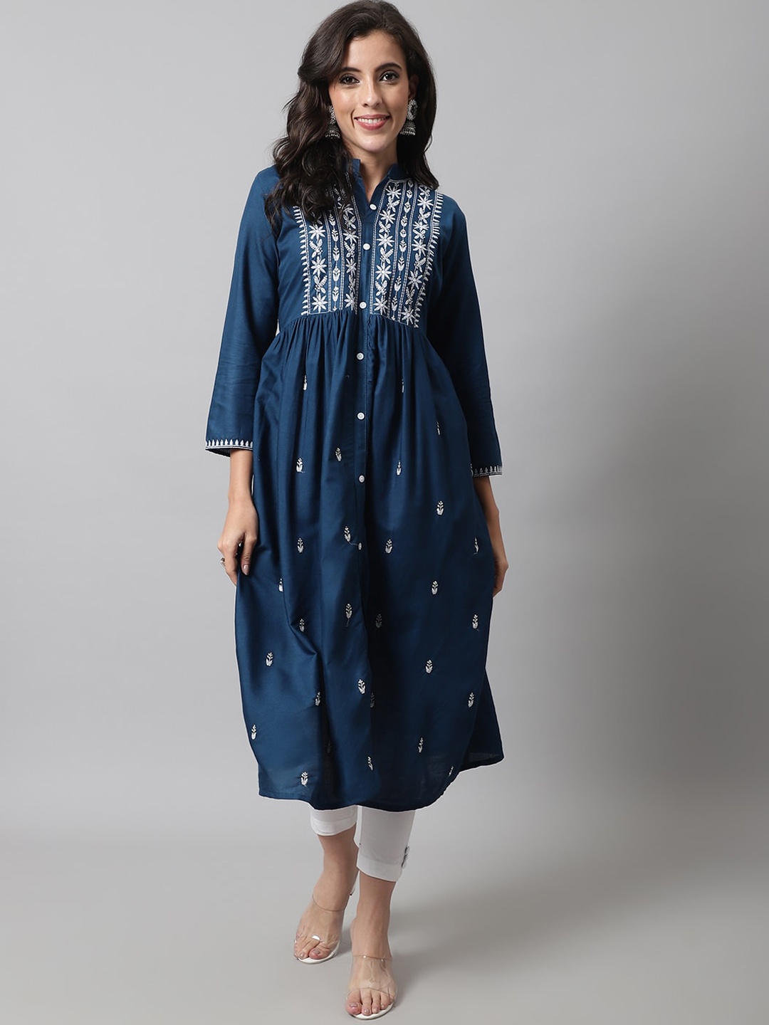 

KALINI Floral Embroidered Band Collar Thread Work Anarkali Kurta, Blue