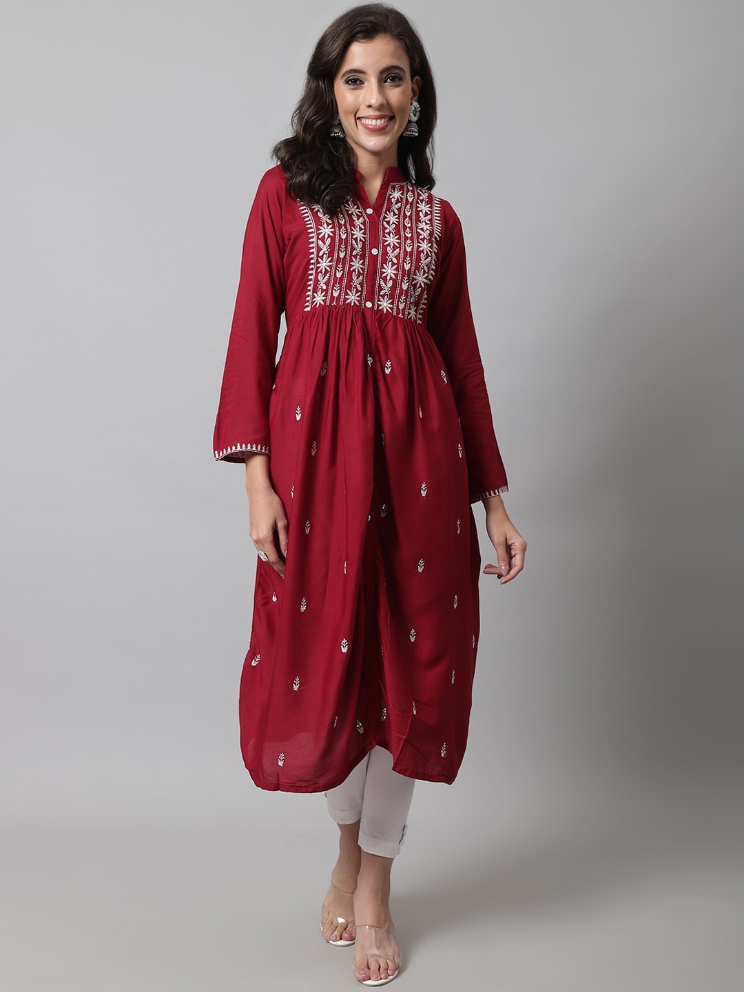

KALINI Floral Embroidered Band Collar Thread Work Anarkali Kurta, Maroon