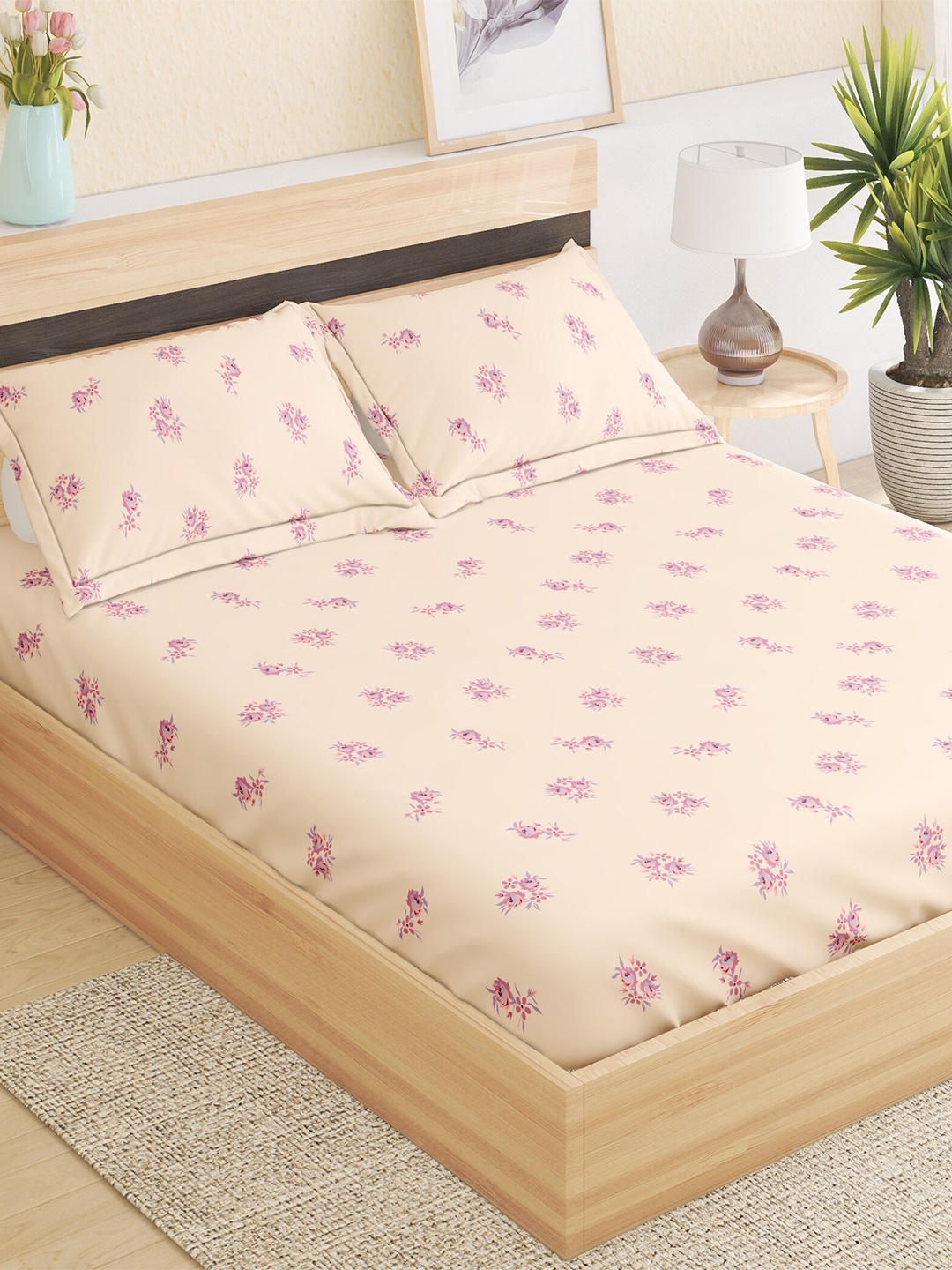 

Home Centre Grandeur Purple Floral Cotton Fitted 300 TC King Bedsheet & 2 Pillow Covers, Peach