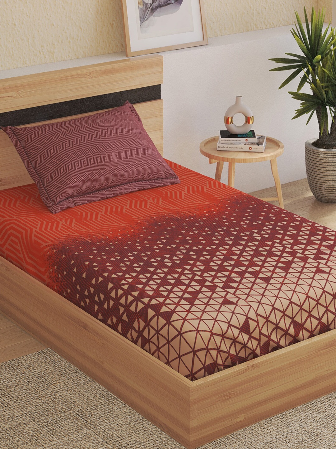 

Home Centre Dallas Orange Geometric Cotton 180 TC Single Bedsheet & 1 Pillow Cover