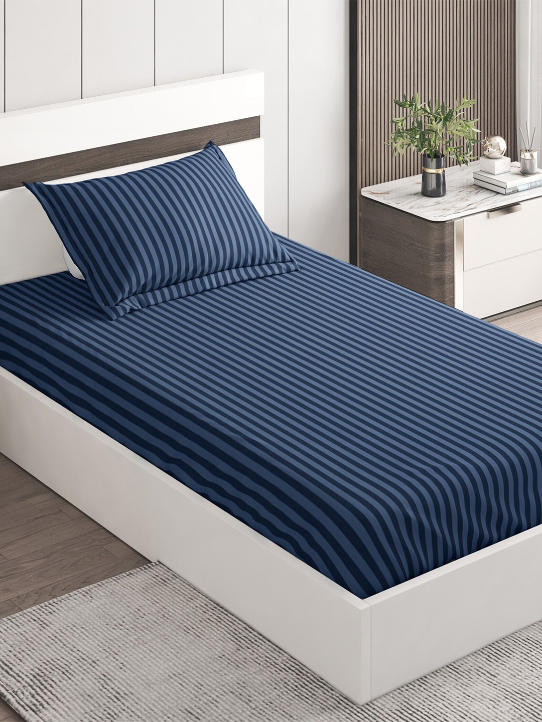 

Home Centre Blue Striped 144 TC Single Bedsheet with 1 Pillow Cover