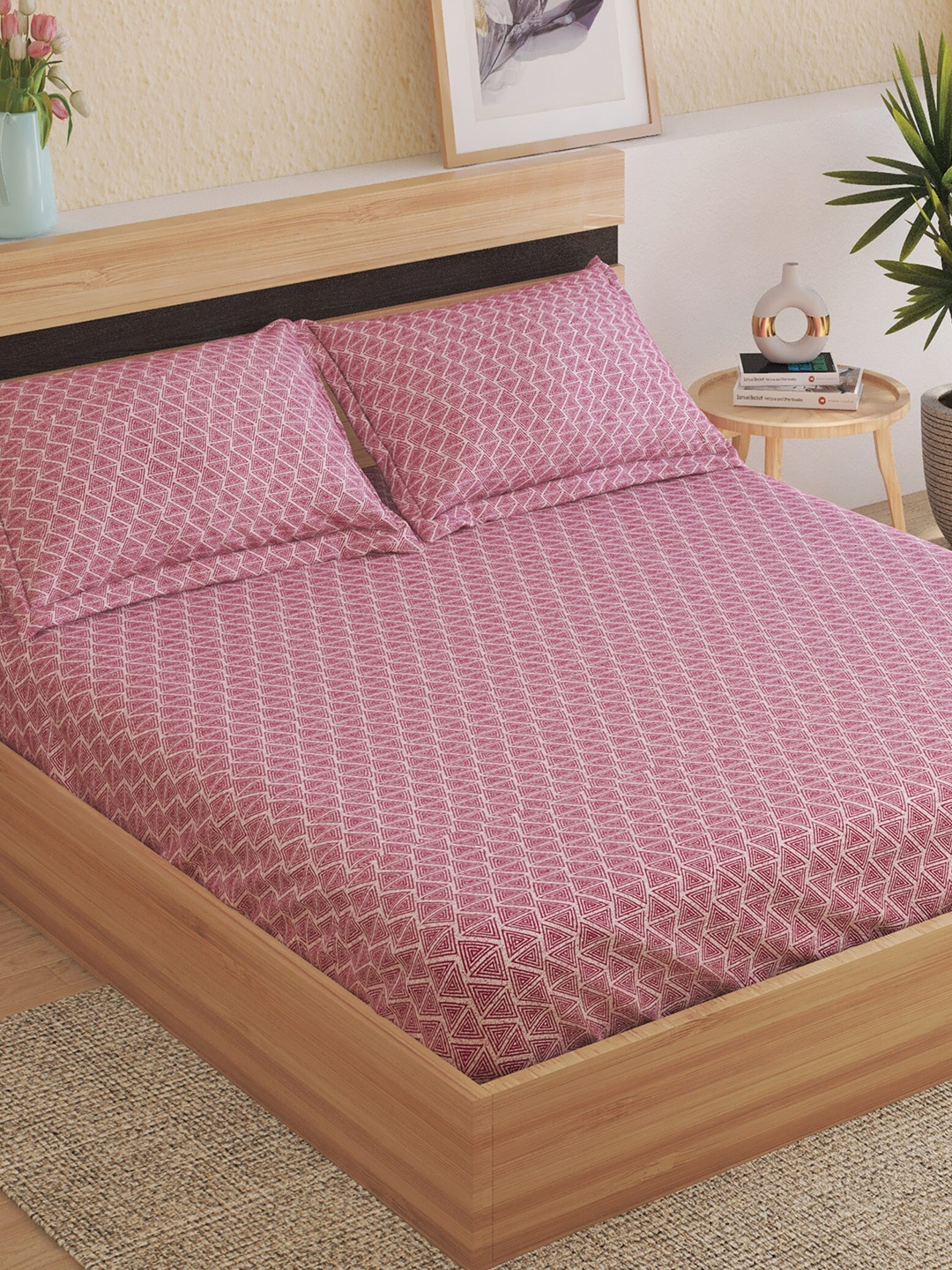 

Home Centre Corsica Pink Printed Microfiber Fitted 144 TC Queen Bedsheet & 2 Pillow Covers