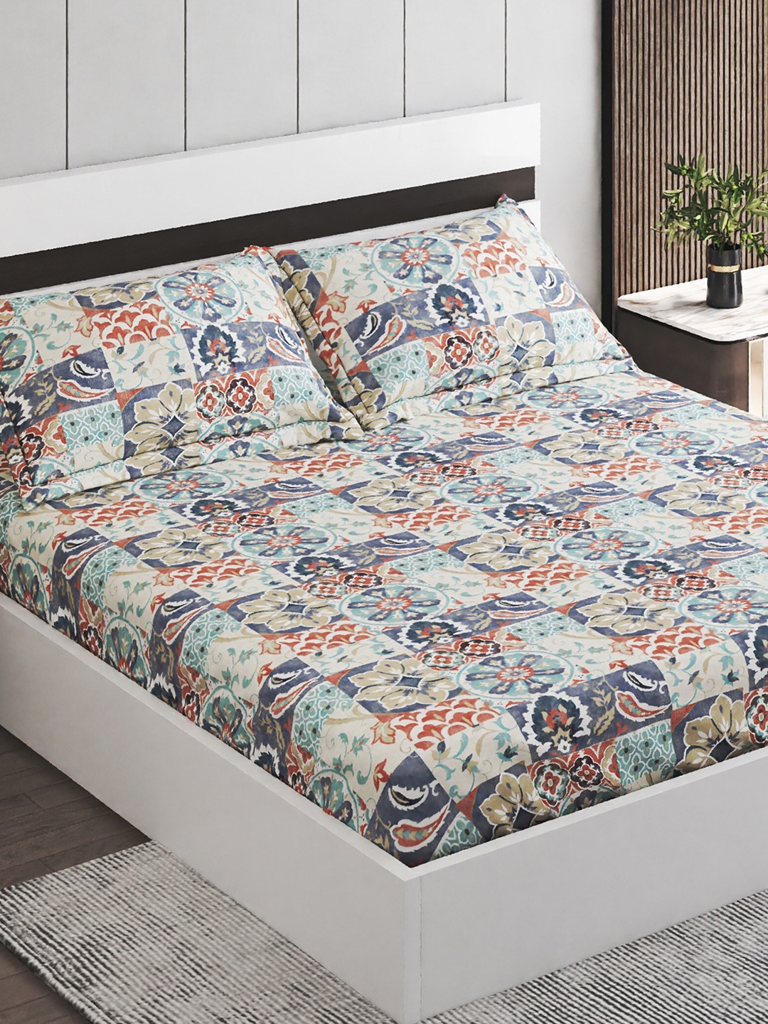 

Home Centre Dallas Blue Printed Cotton Fitted 250 TC Queen Bedsheet With 2 Pillow Covers