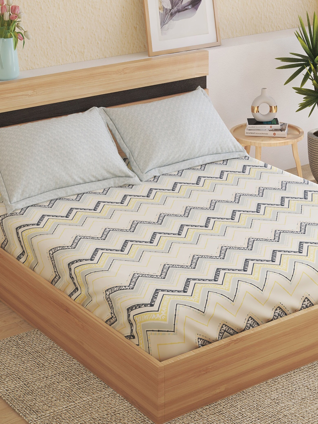 

Home Centre Corsica Yellow Printed Fitted Microfiber 144TC Queen Bedsheet & Pillow Covers