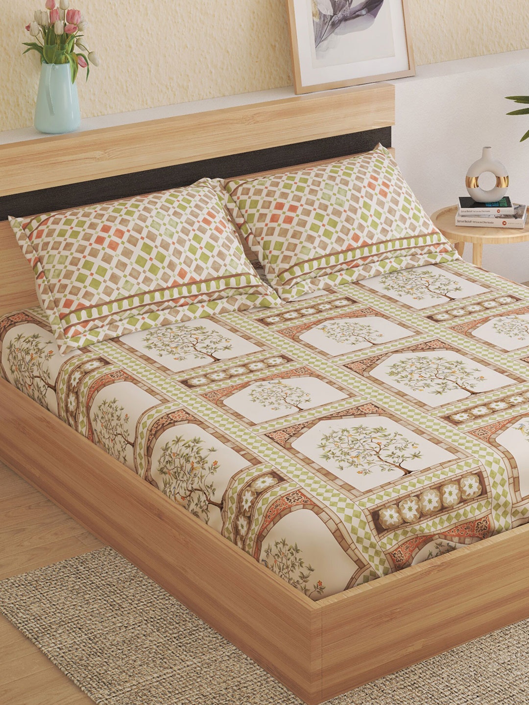 

Home Centre Brown Ethnic Motifs 180 TC Cotton Fitted King Bedsheet with 2 Pillow Covers