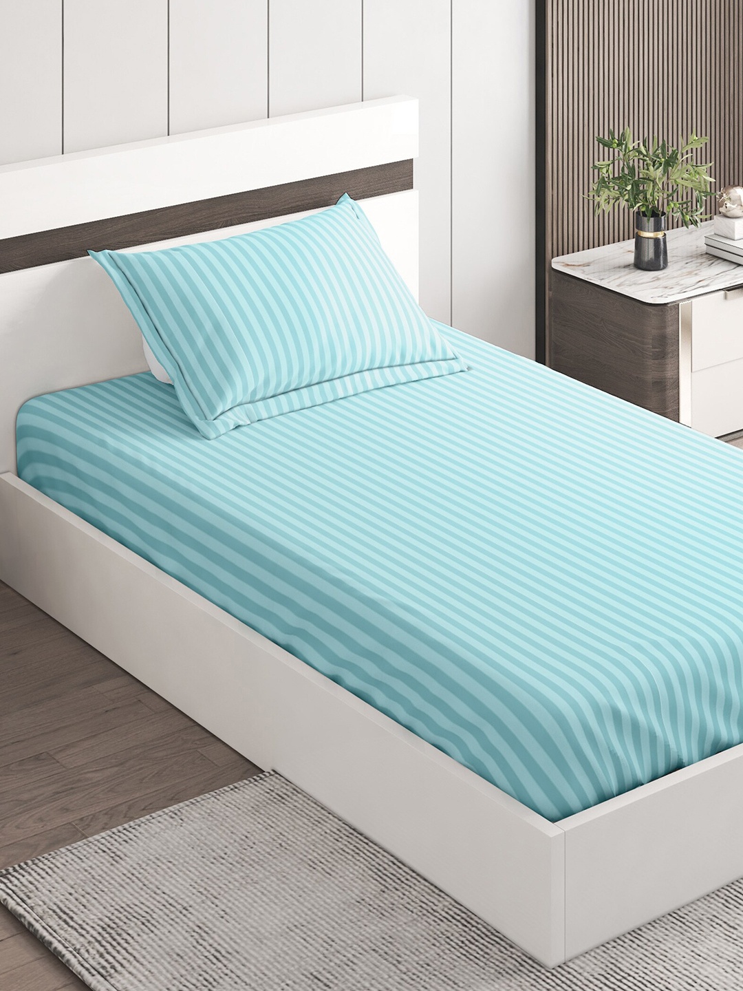 

Home Centre Pacific Juniper Teal Striped 144 TC Fitted Single Bedsheet With 1 Pillow Cover