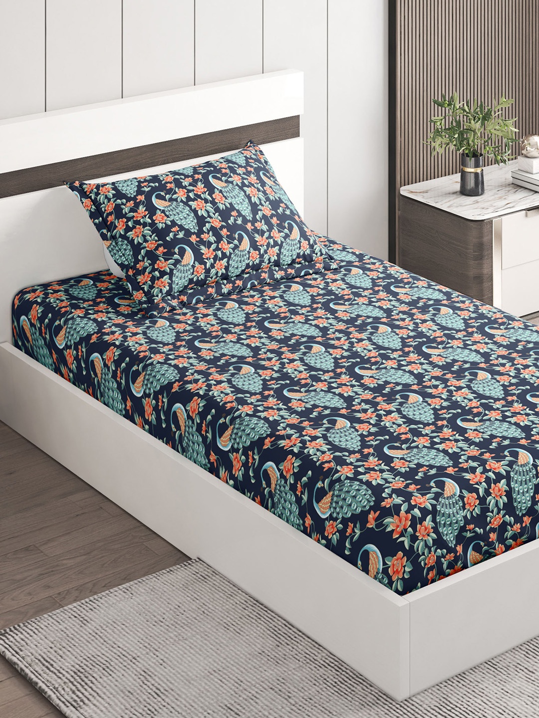 

Home Centre Pacific Juniper Blue & Orange Printed 144 TC Single Bedsheet & Pillow Cover