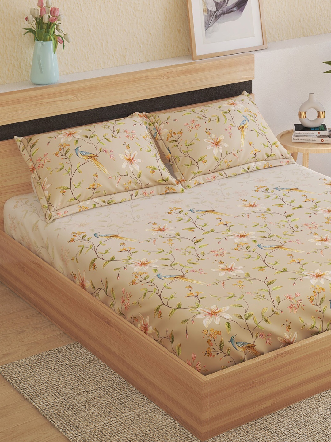 

Home Centre Medley-Dastkari Cream Floral 160TC Fitted Cotton King Bedsheet & Pillow Covers