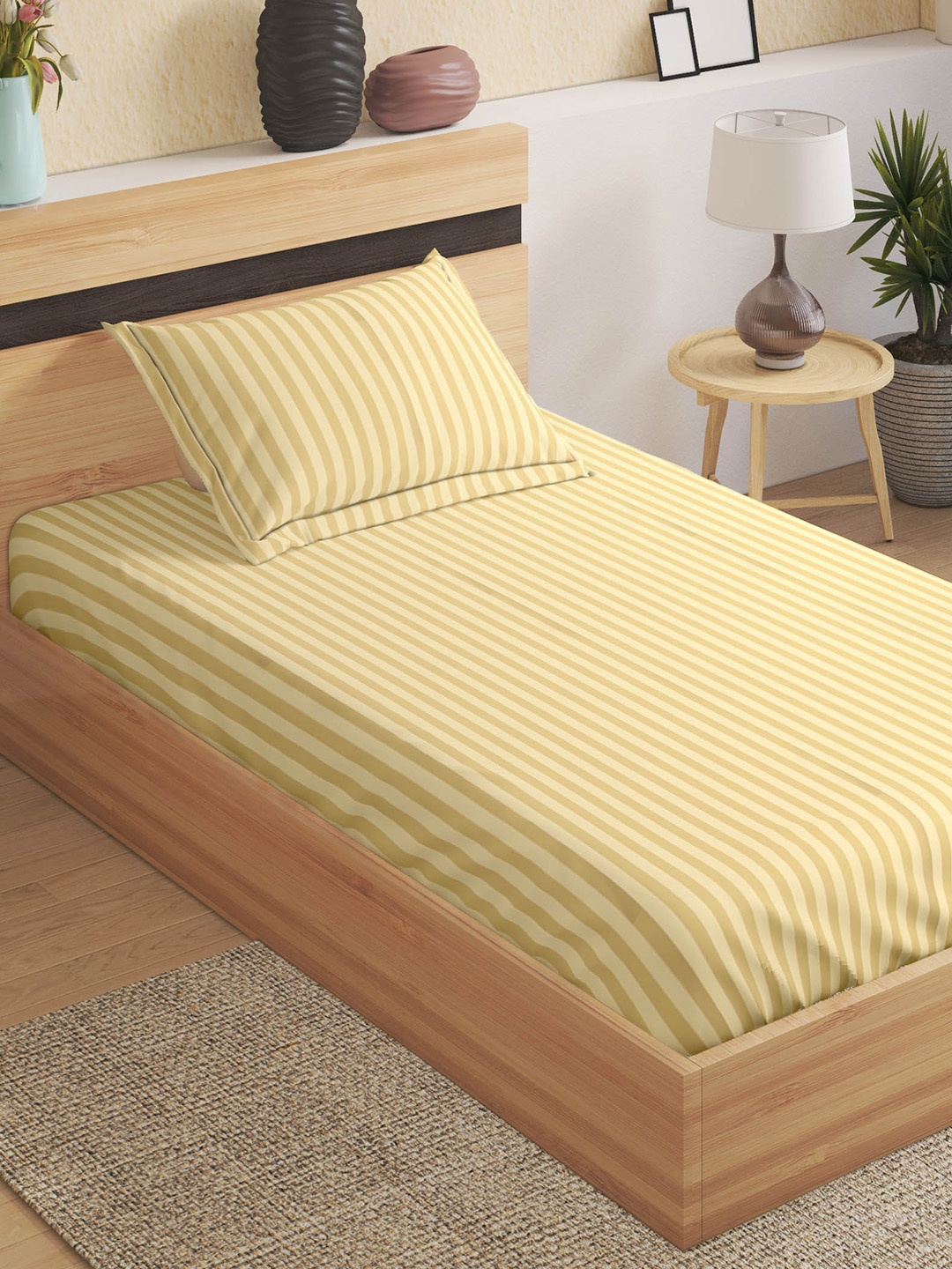 

Home Centre Pacific Juniper Yellow Striped 144 TC Single Bedsheet & Pillow Cover