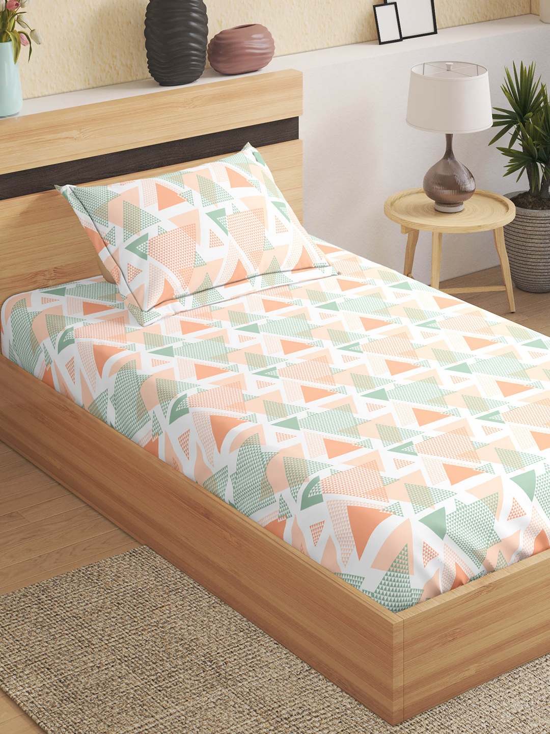 

Home Centre Pacific Juniper Green Printed Microfiber 144TC Single Bedsheet & Pillow Cover, Peach