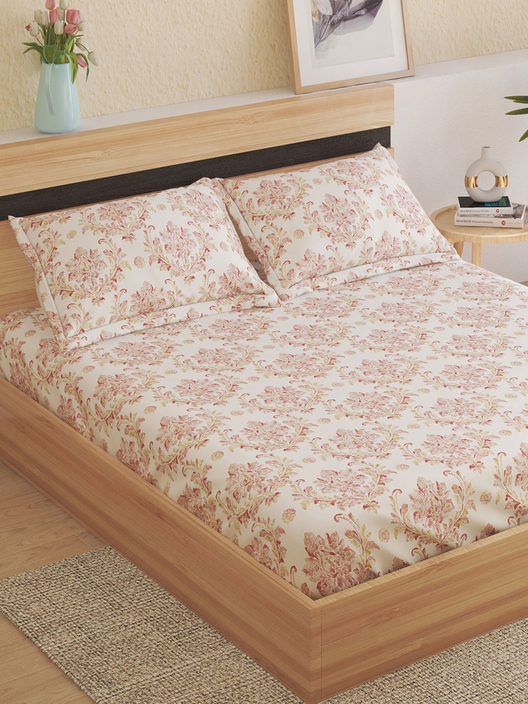 

Home Centre Dallas Beige & White Printed180 TC Cotton Queen Bedsheet & 2 Pillow Covers