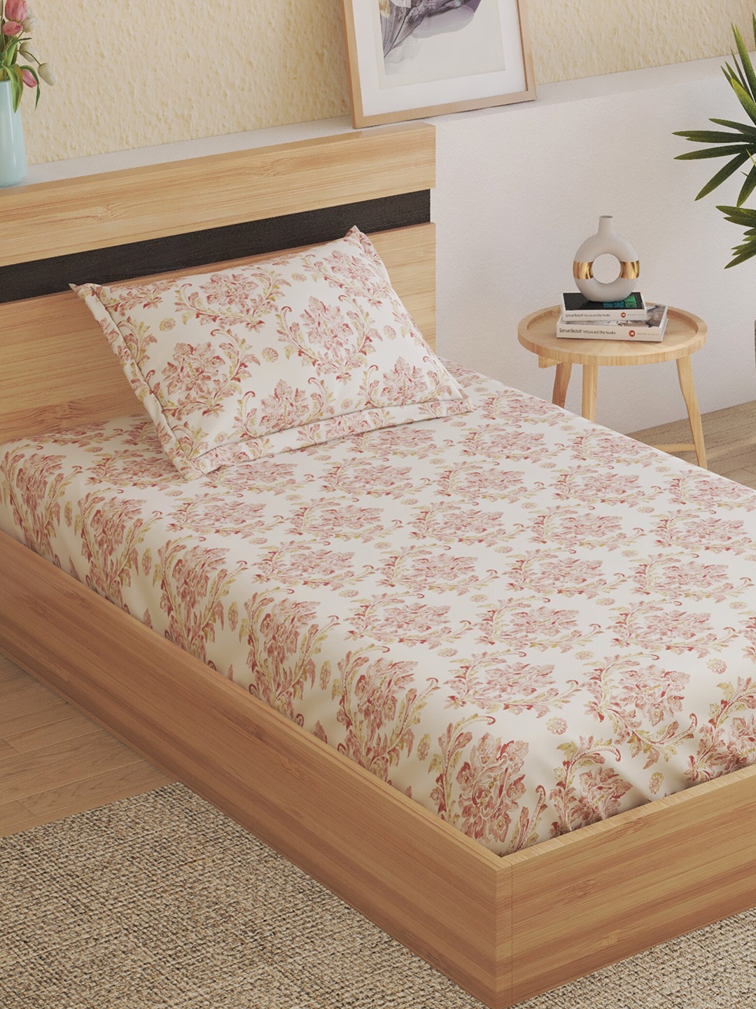 

Home Centre Dallas Pink Floral 144 TC Fitted Cotton Single Bedsheet & 1 Pillow Cover