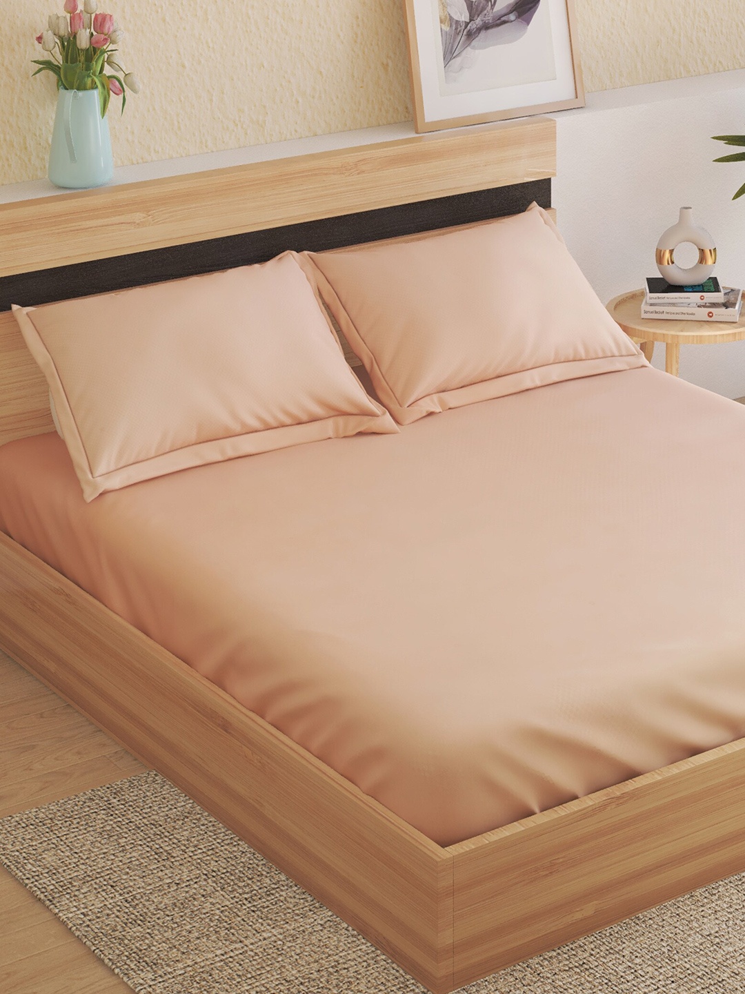

Home Centre Peach-Coloured 120 TC Queen Bedsheet with 2 Pillow Covers