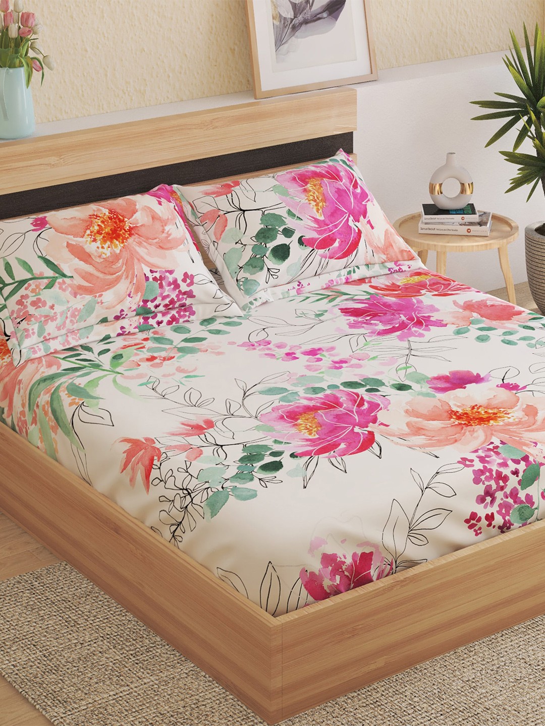 

Home Centre Harbour Green & Pink Floral 180 TC King Bedsheet with 2 Pillow Covers
