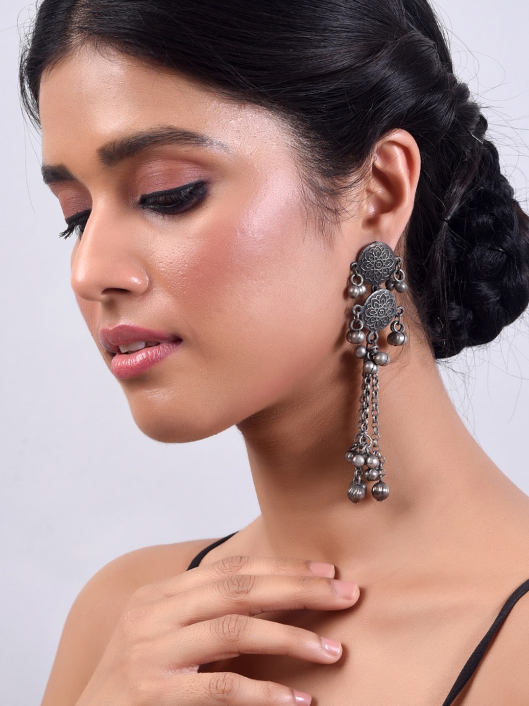 

phuljhadi Silver-Plated Oxidised Contemporary Drop Earrings