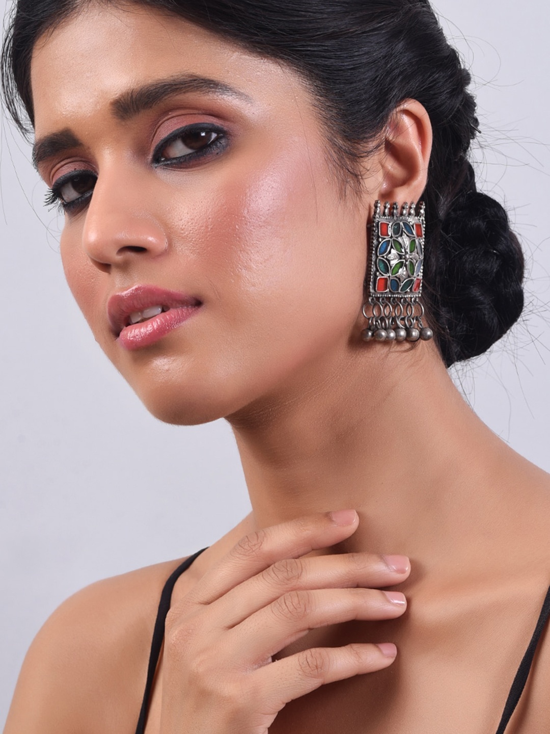 

phuljhadi Silver-Plated Oxidised Stone Studded Square Drop Earrings