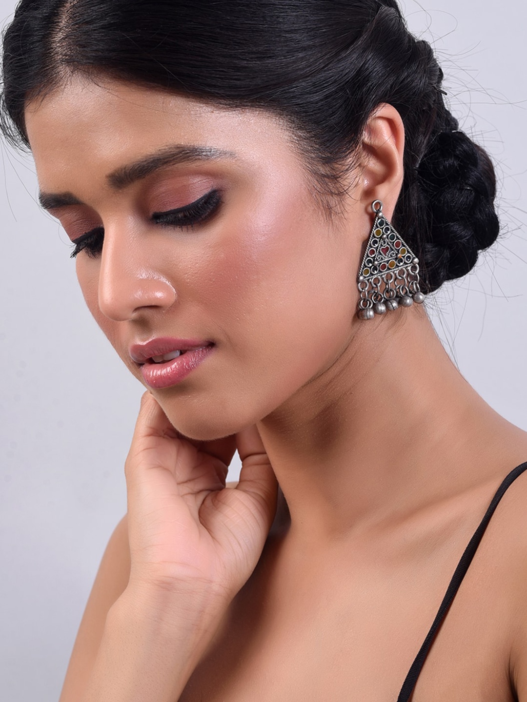 

phuljhadi Silver-Plated Oxidised Studded Triangular Drop Earrings