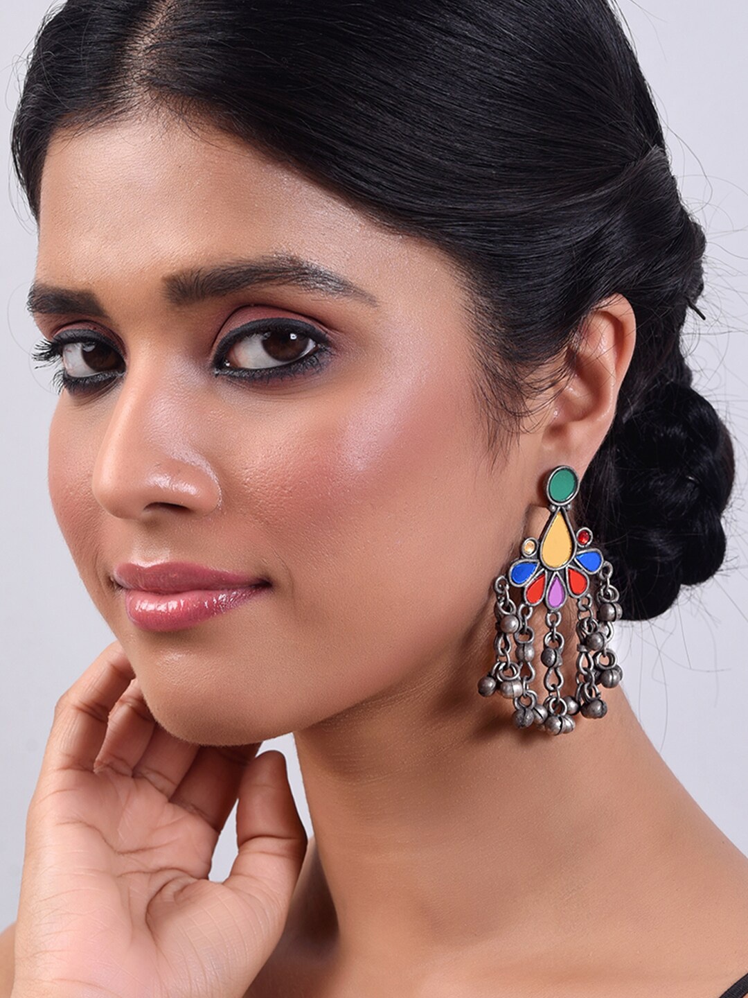 

phuljhadi Silver-Plated Artficial Stone Studded Oxidised Contemporary Drop Earrings