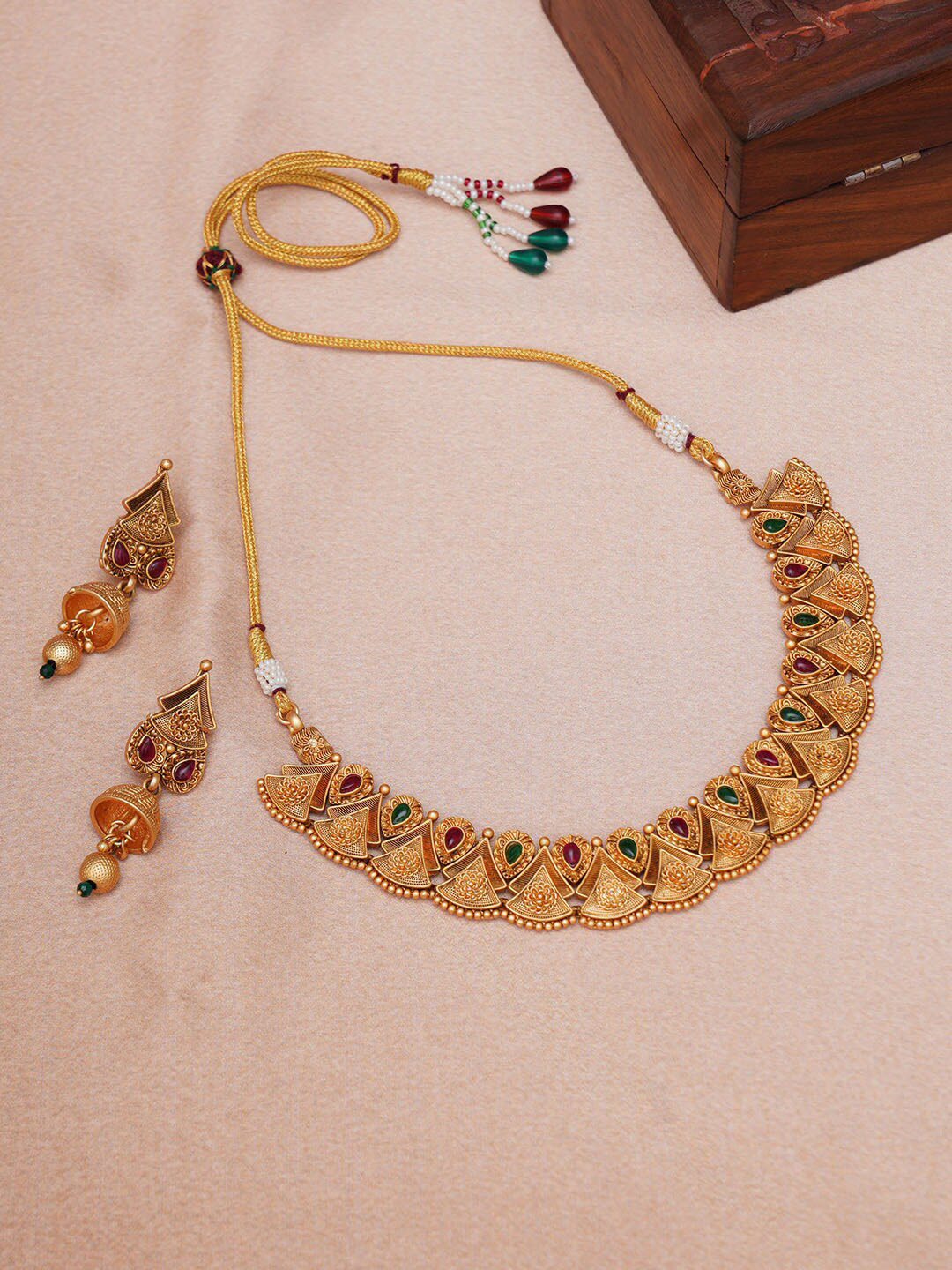 

Ruby Raang Gold-Plated Kundan-Studded & Beaded Temple Necklace & Earrings