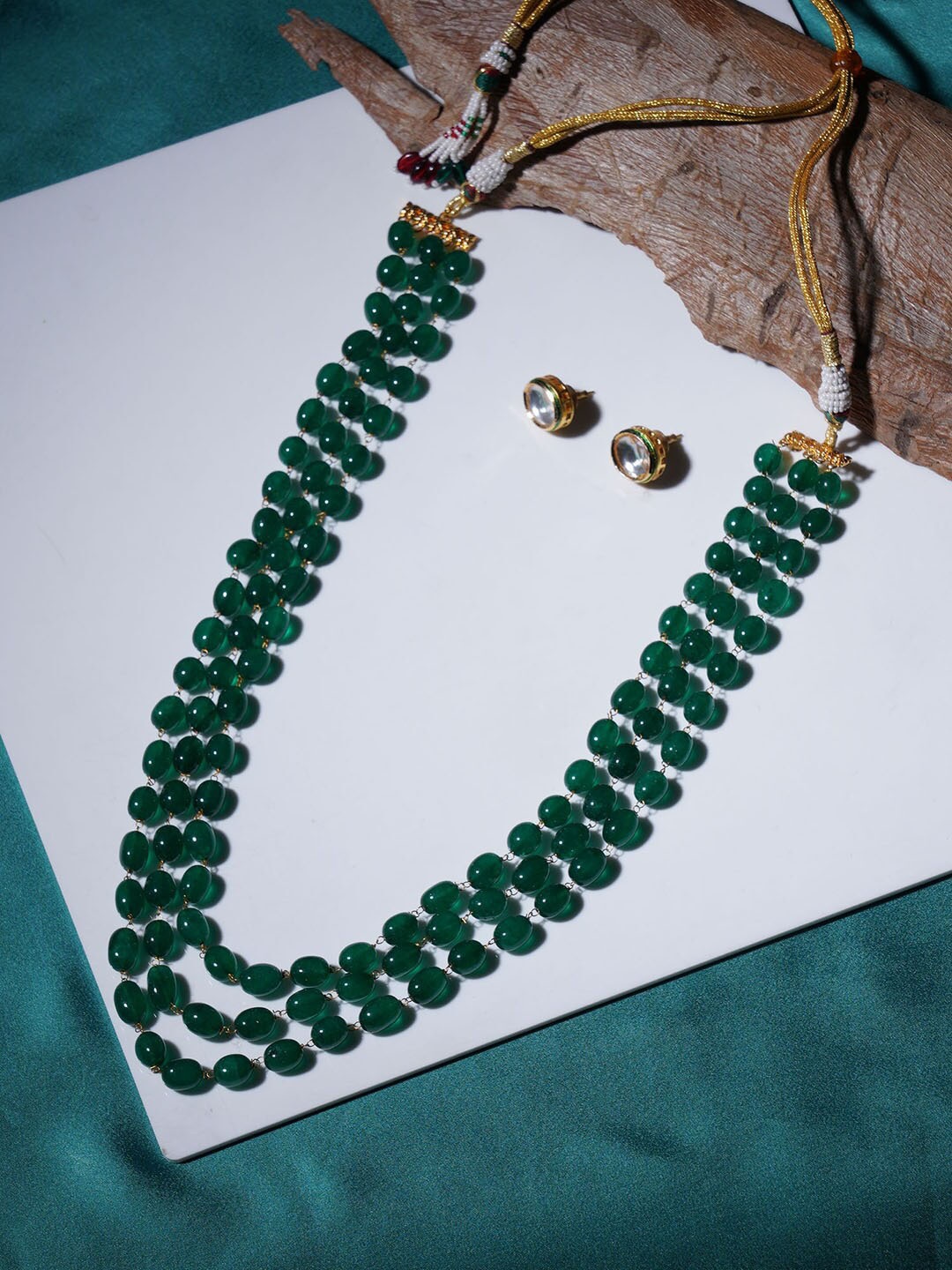 

Ruby Raang Gold-Plated Stone-Studded & Beaded Necklace & Earrings