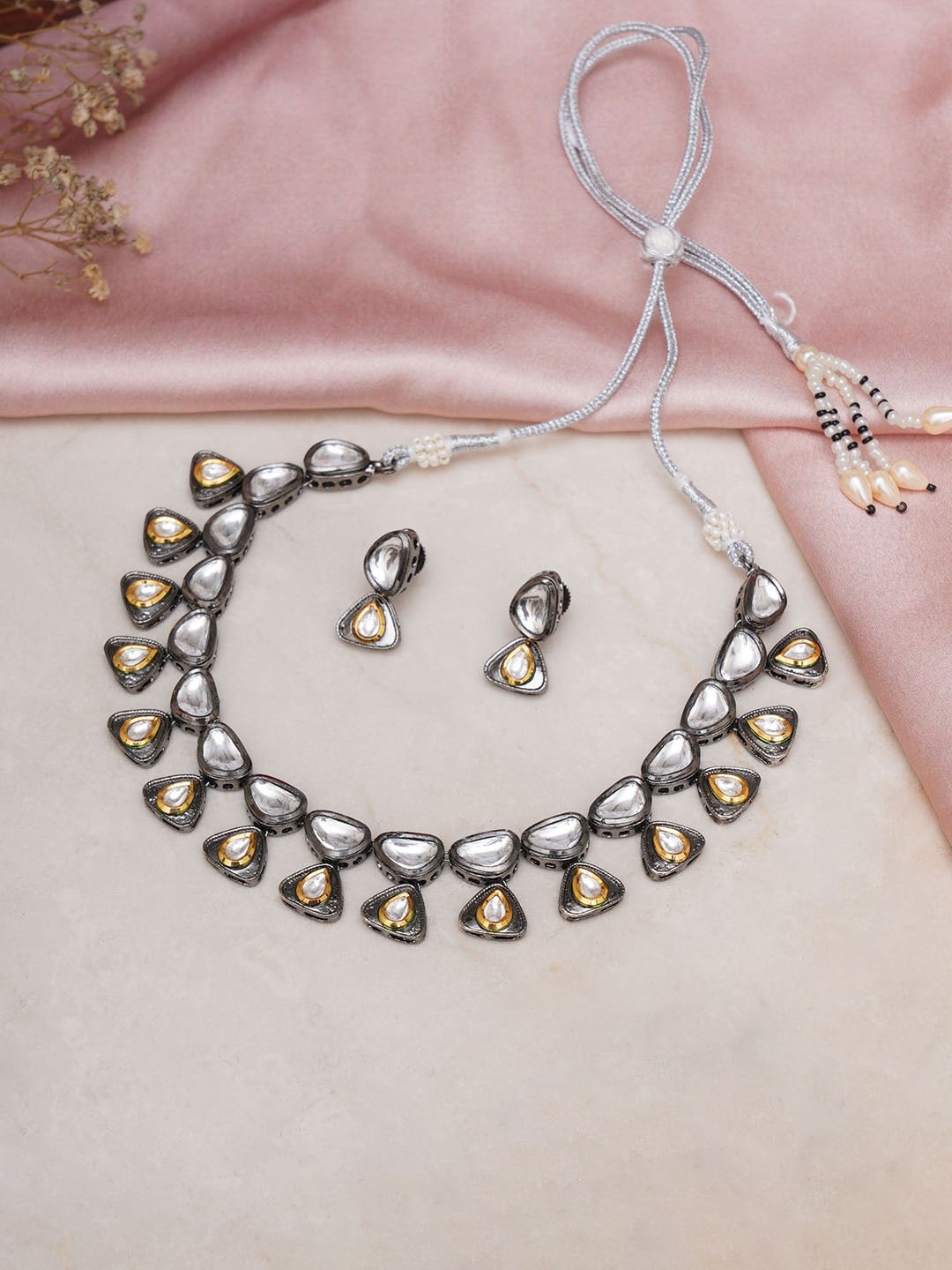 

Ruby Raang Rhodium-Plated & Kundan-Studded Necklace & Earrings, Silver