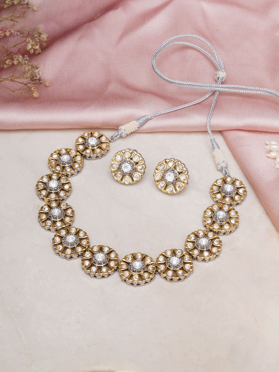 

Ruby Raang Silver-Plated & Kundan Studded Necklace & Earrings, Gold