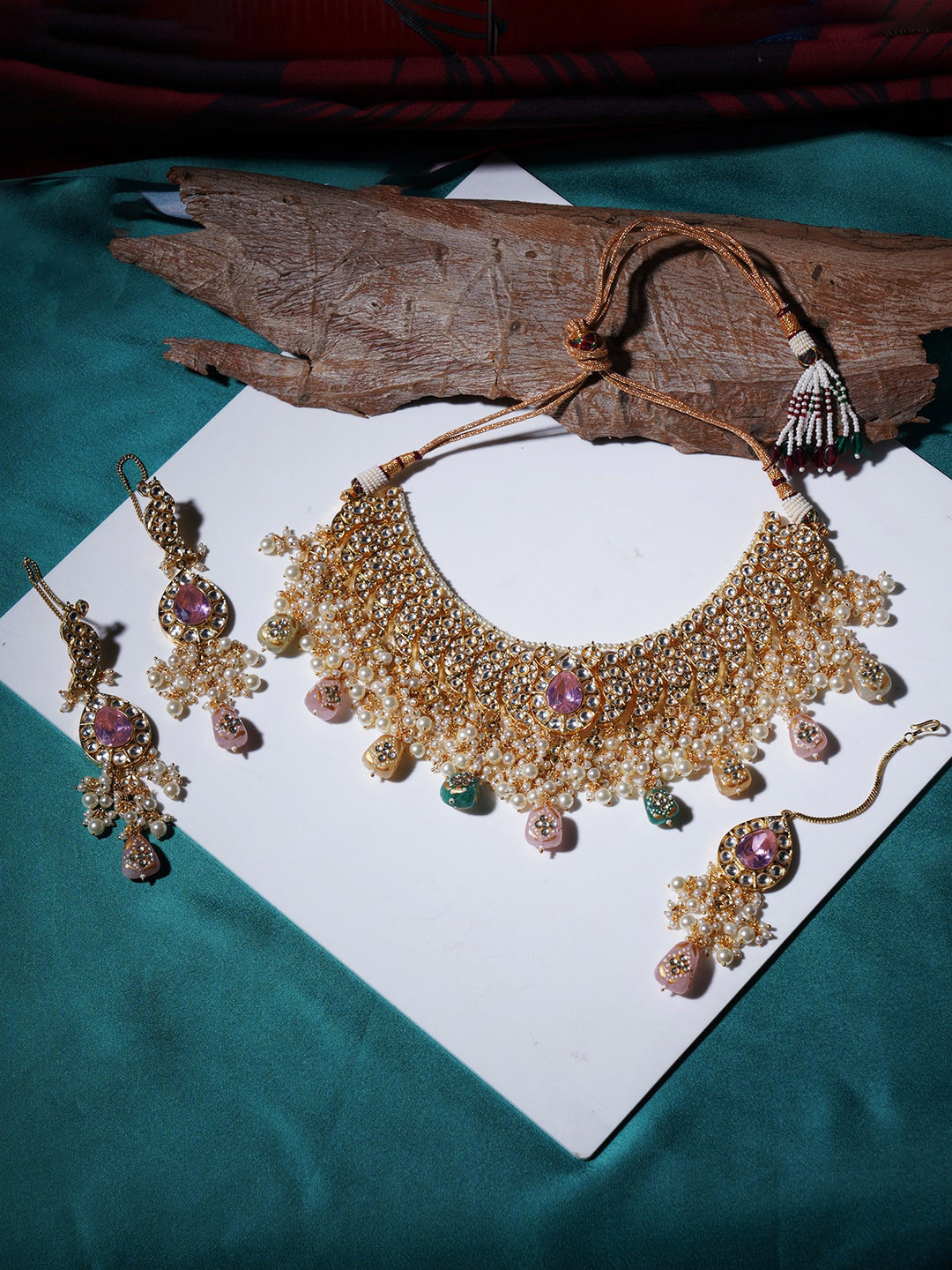

Ruby Raang Gold-Plated Kundan-Studded & Beaded Necklace & Earrings