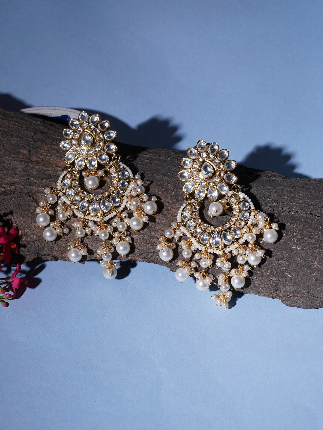 

Ruby Raang Gold-Plated Kundan Studded Classic Pearl Chandbalis Earrings