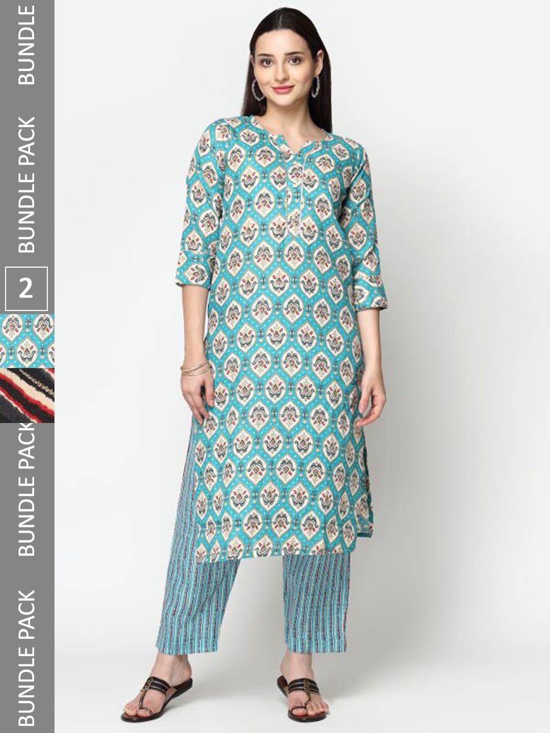

KALINI Pack Of 2 Ethnic Motifs Printed Pure Cotton Kurta with Trousers, Black
