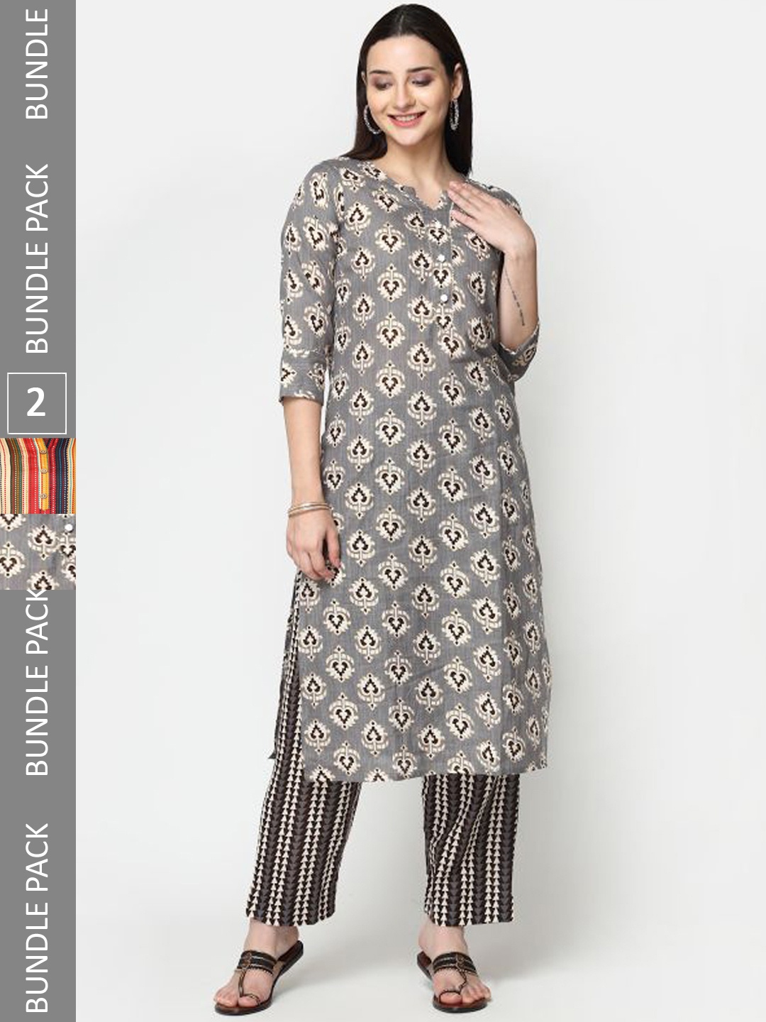 

KALINI Pack Of 2 Ethnic Motifs Printed Pure Cotton Kurta with Trousers, Grey