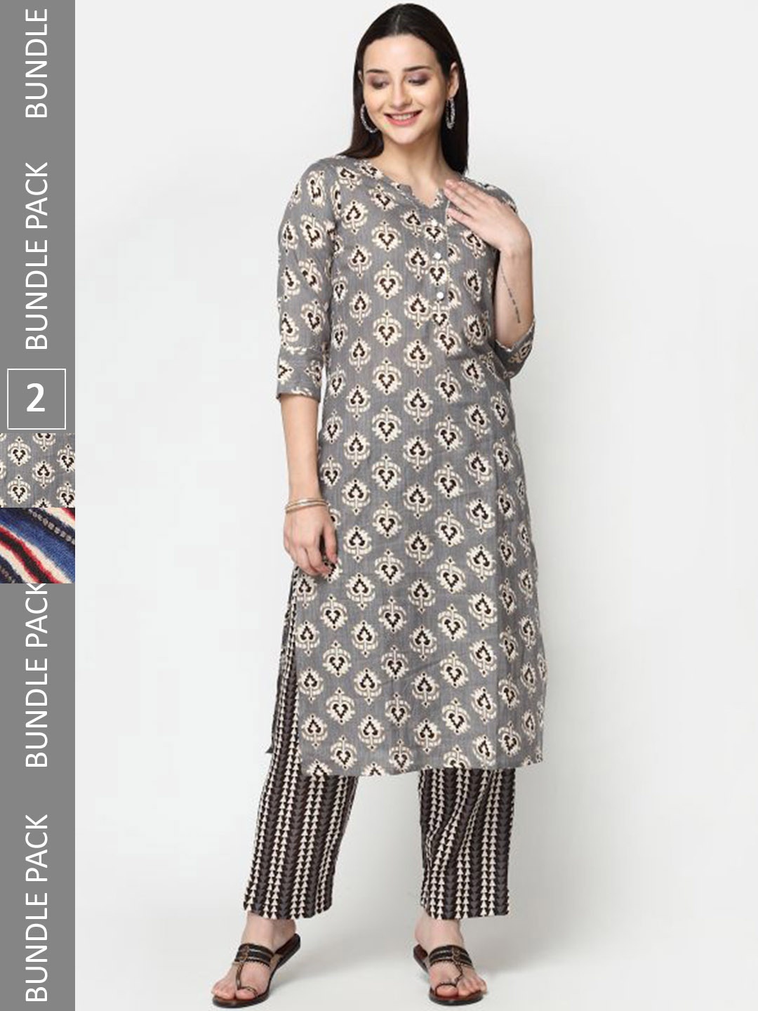 

KALINI Selection Of 2 Ethnic Printed Pure Cotton Straight Kurta With Trousers, Black