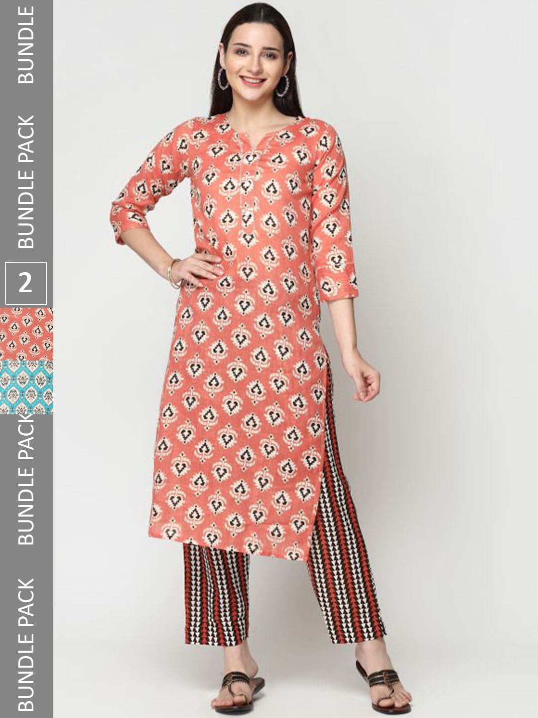 

KALINI Pack Of 2 Ethnic Motifs Printed Regular Pure Cotton Kurta with Trousers, Blue