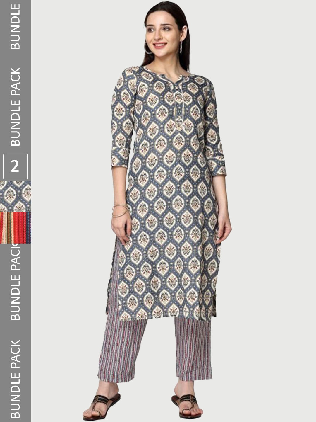 

KALINI Pack Of 2 Ethnic Motifs Printed Pure Cotton Kurta with Trousers, Grey