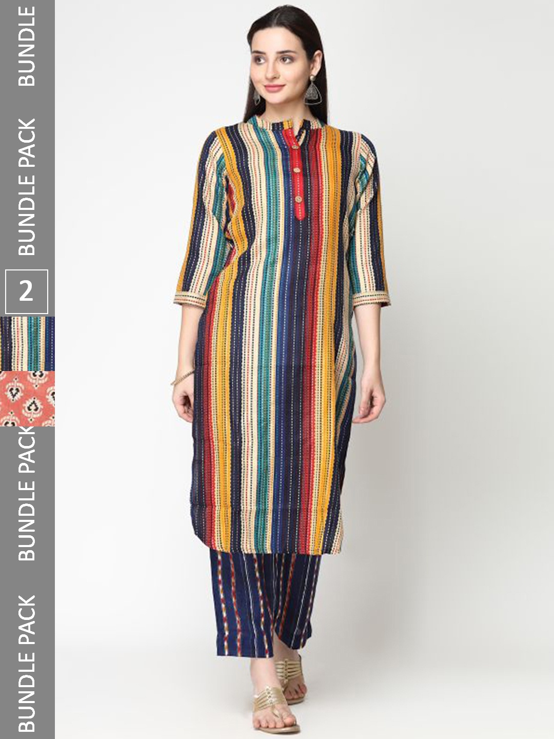 

KALINI Pack Of 2 Printed Pure Cotton Kurti With Trousers, Orange