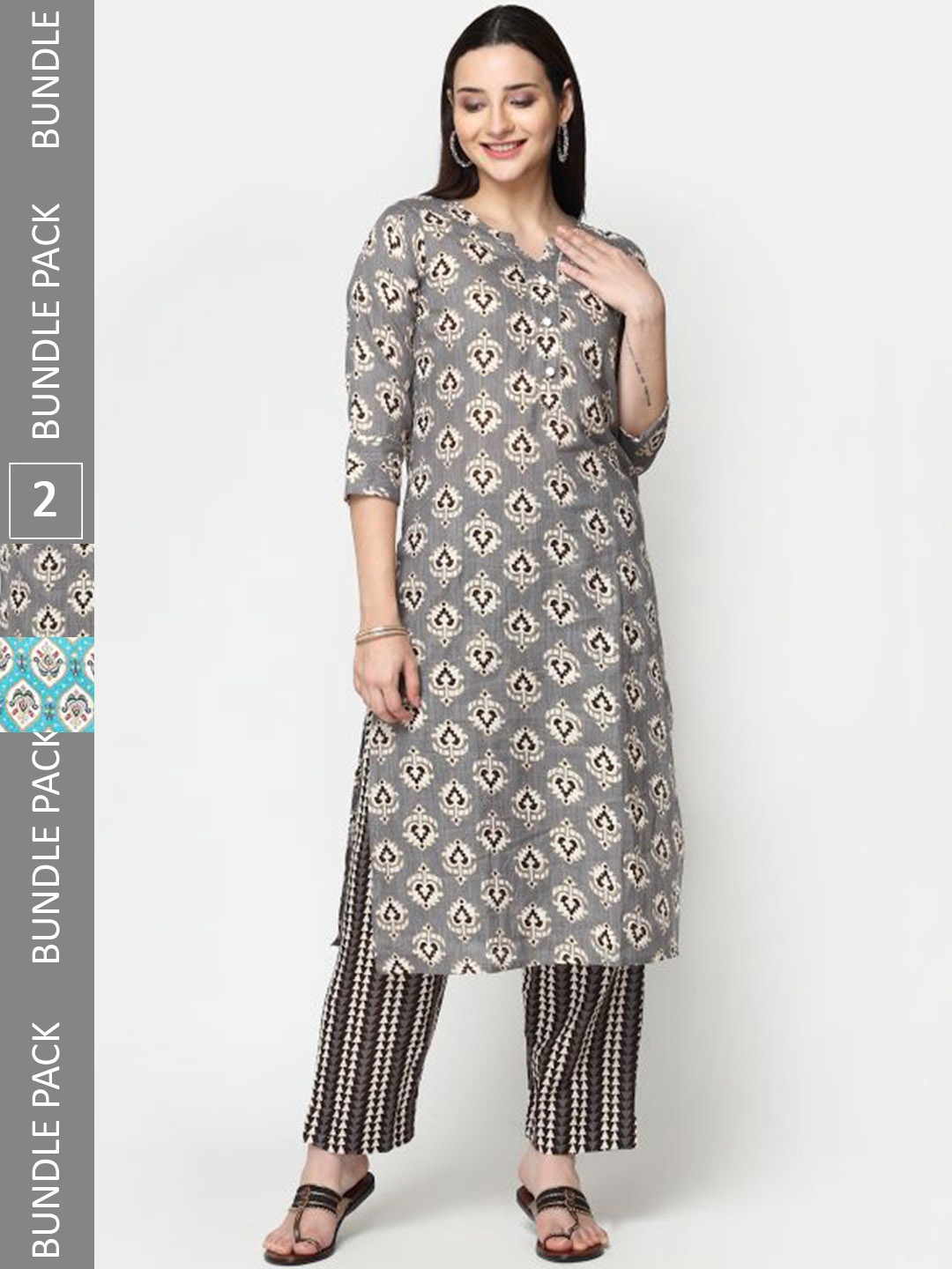 

KALINI Pack Of 2 Printed Pure Cotton Kurti With Trousers, Blue
