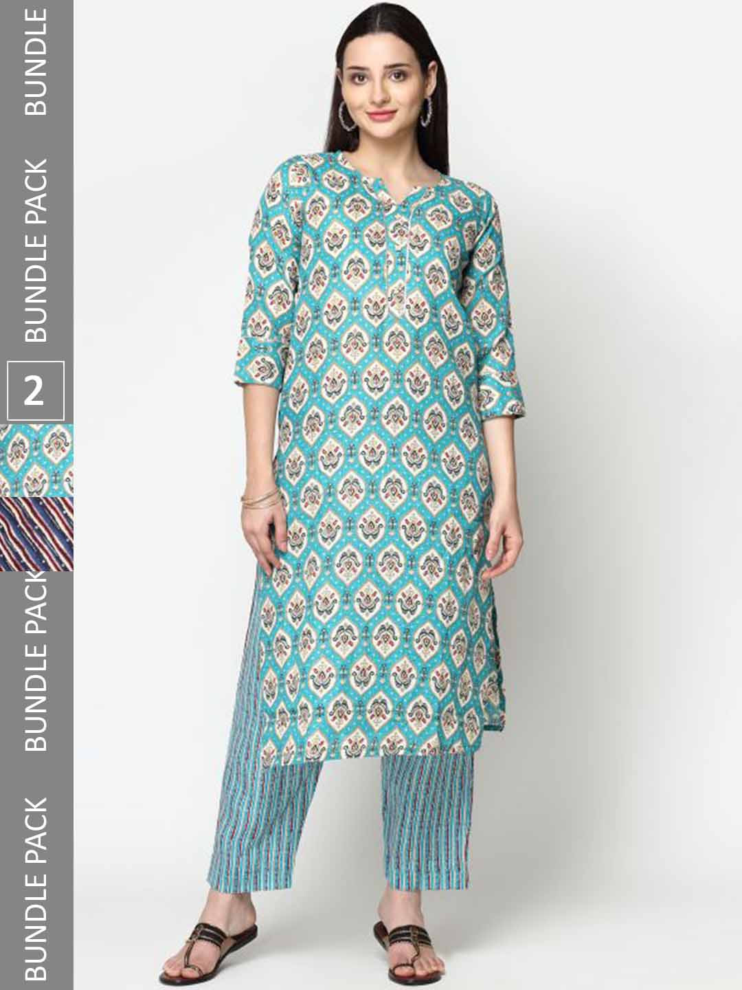 

KALINI Pack Of 2 Ethnic Motifs Printed Pure Cotton Kurta with Trousers, Blue