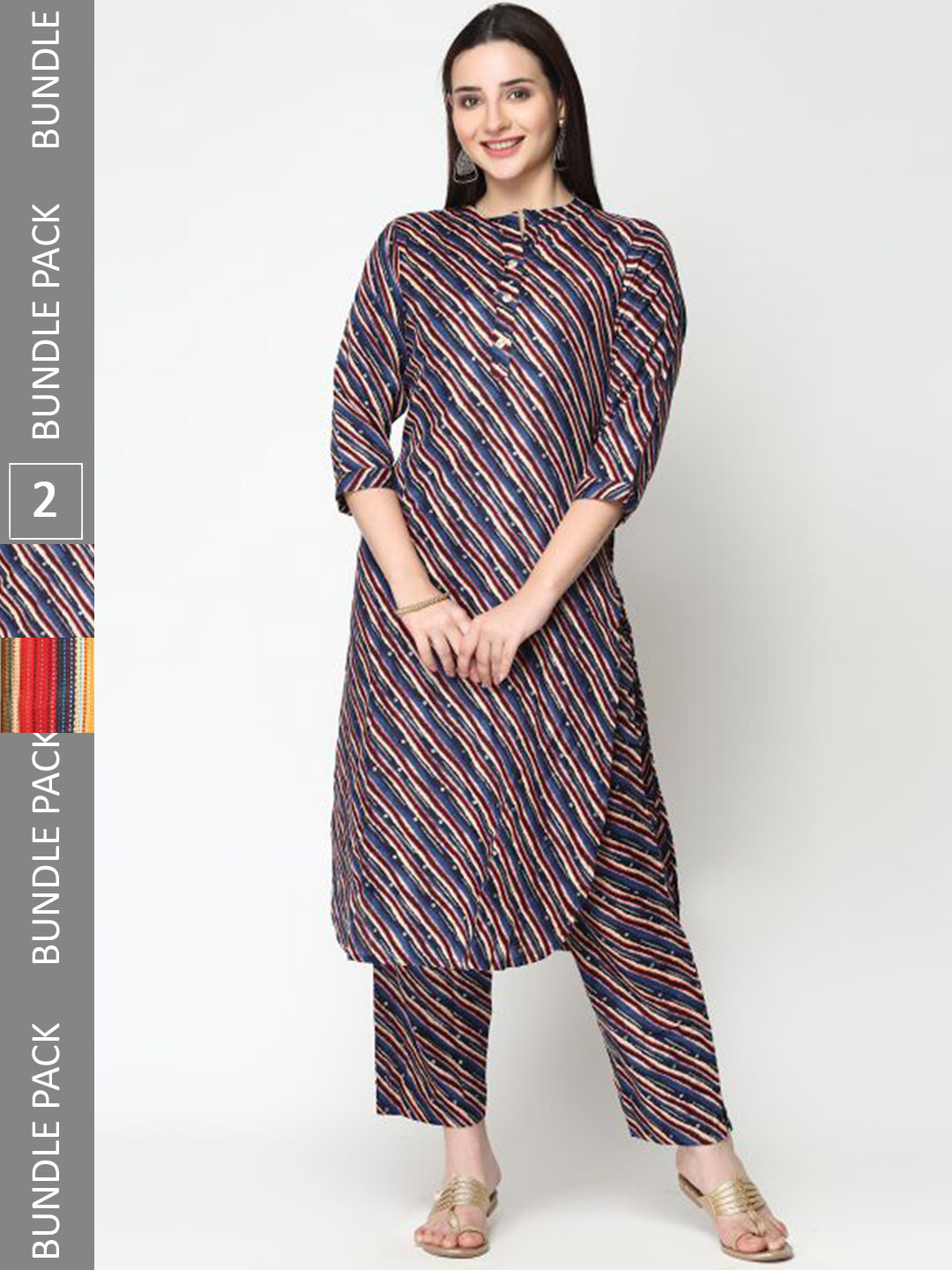 

KALINI A Selection Of 2 Striped Regular Pure Cotton Kurta With Trousers, Blue