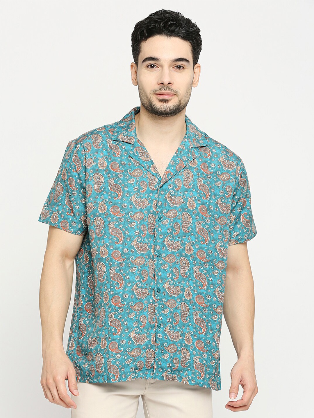 

Blamblack Comfort Ethnic Motif Printed Casual Shirt, Teal