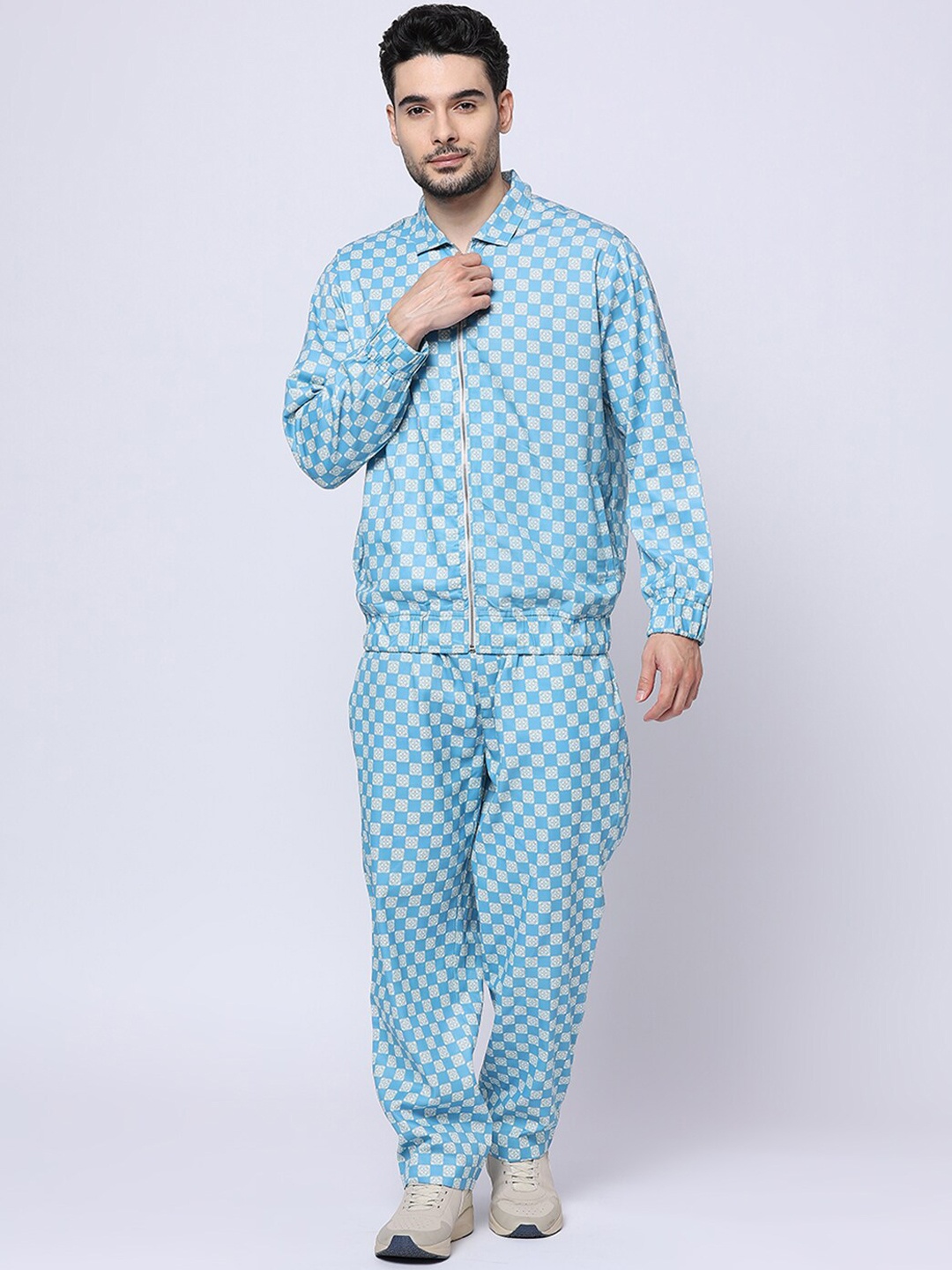 

Blamblack Checked Pure Cotton Bomber Jacket with Trousers, Blue
