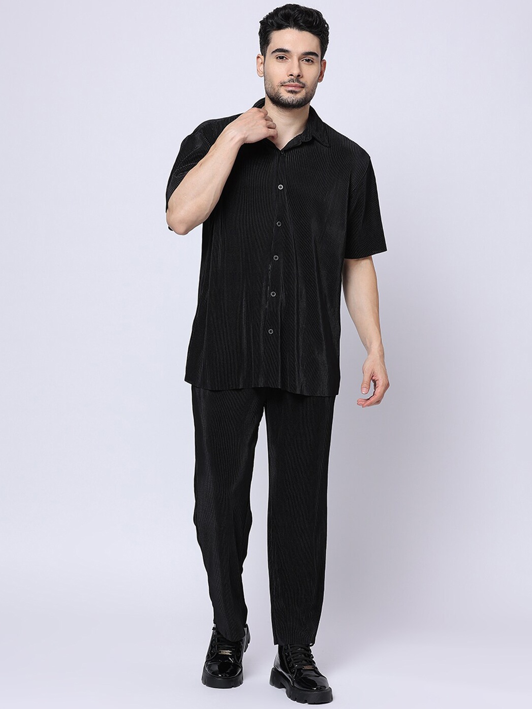 

Blamblack Self Design Oversized Satin Shirt with Trousers, Black