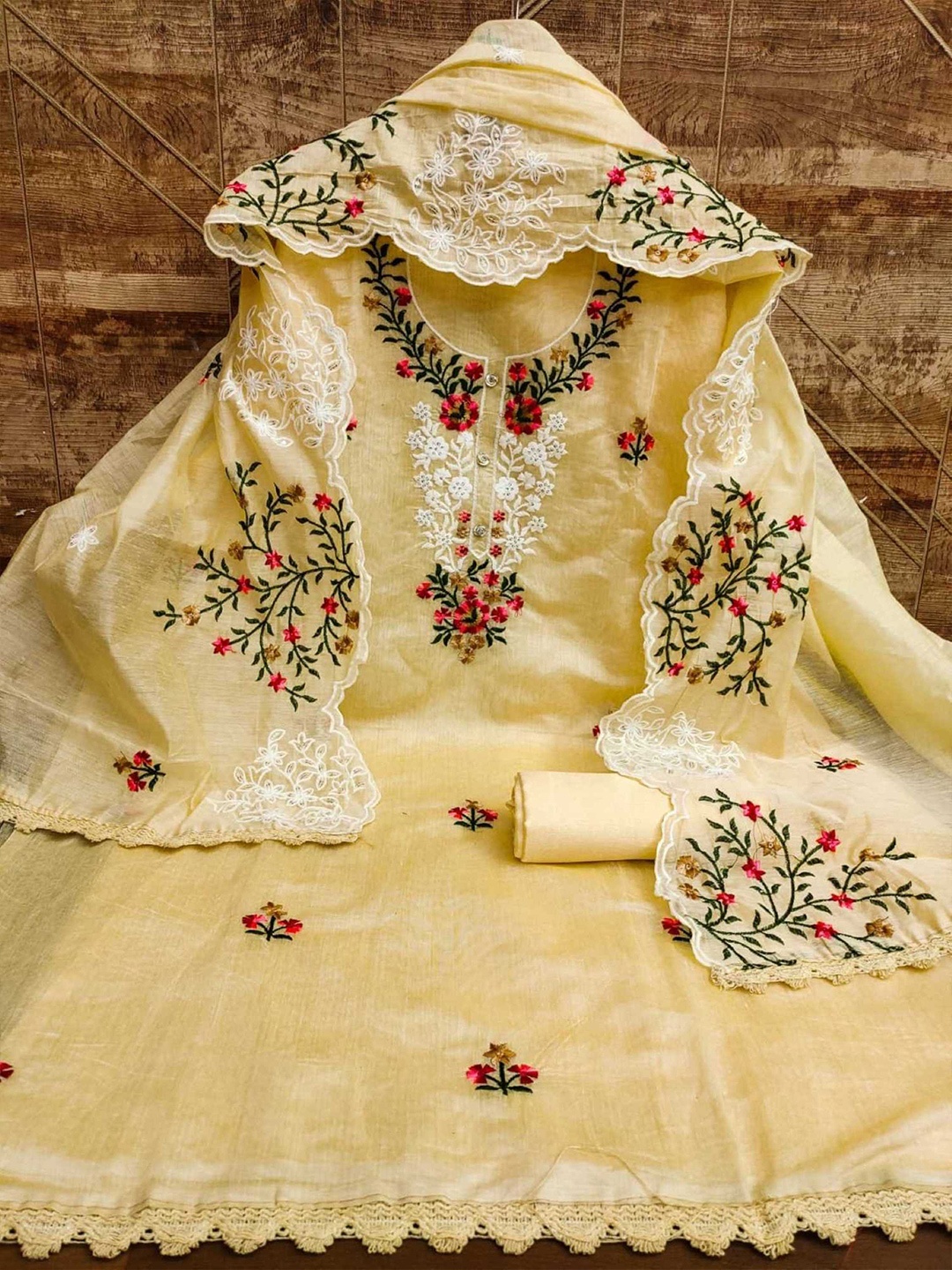 

KALINI Floral Embroidered Art Silk Unstitched Dress Material, Yellow