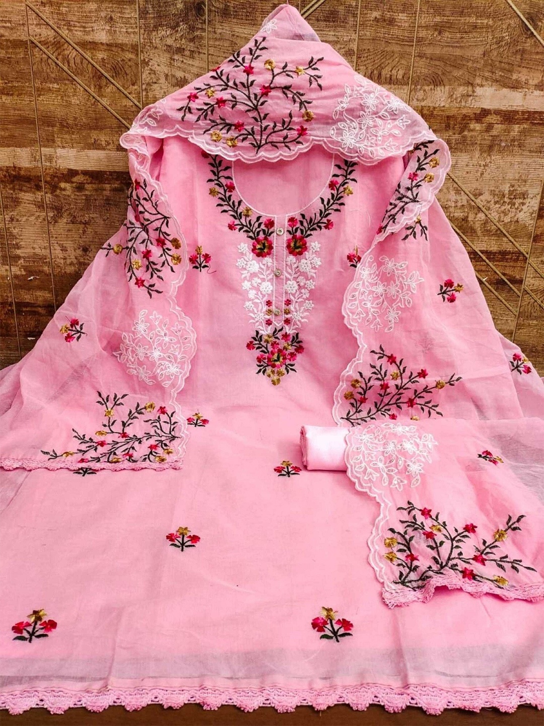 

KALINI Floral Embroidered Art Silk Unstitched Dress Material, Pink