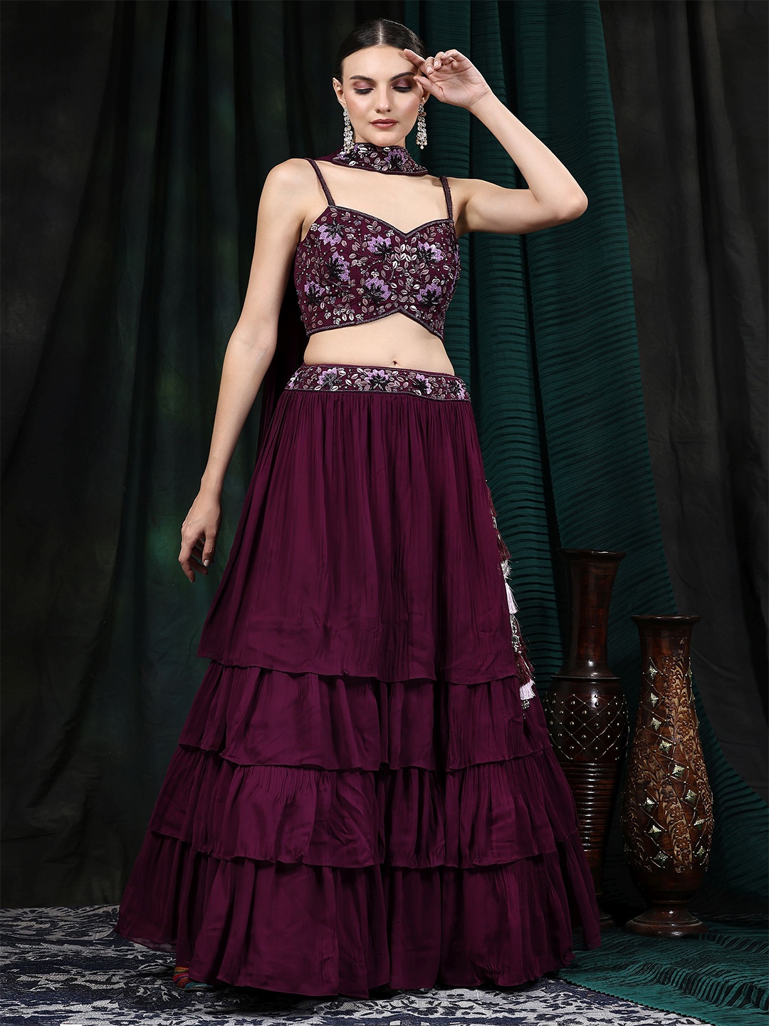 

Phenav Embroidered Beads and Stones Ready to Wear Lehenga & Blouse With Dupatta, Purple